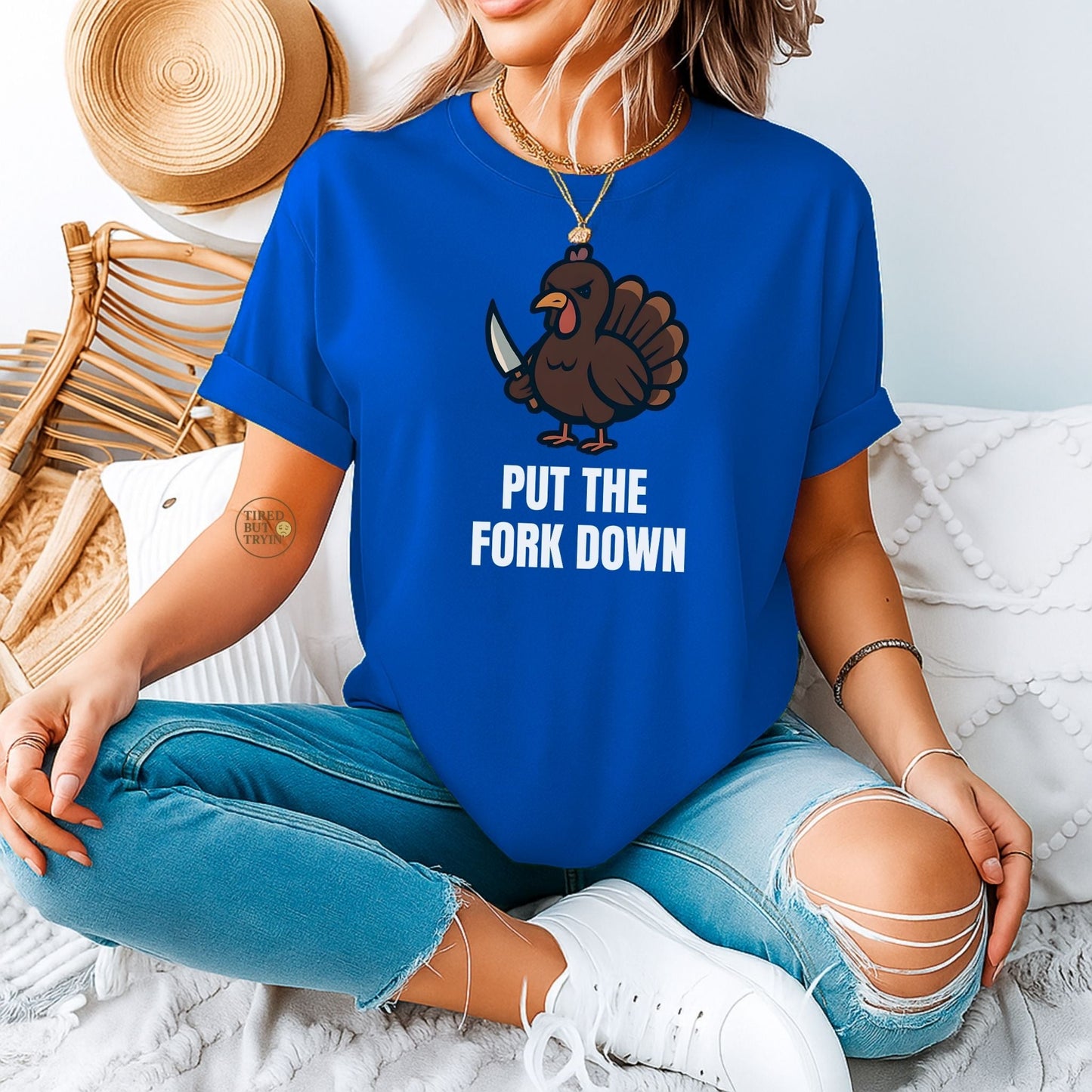 Funny Angry Turkey Shirt – “Put the Fork Down” Unisex Thanksgiving Graphic Tee, Friendsgiving Meme T-Shirt - Royal