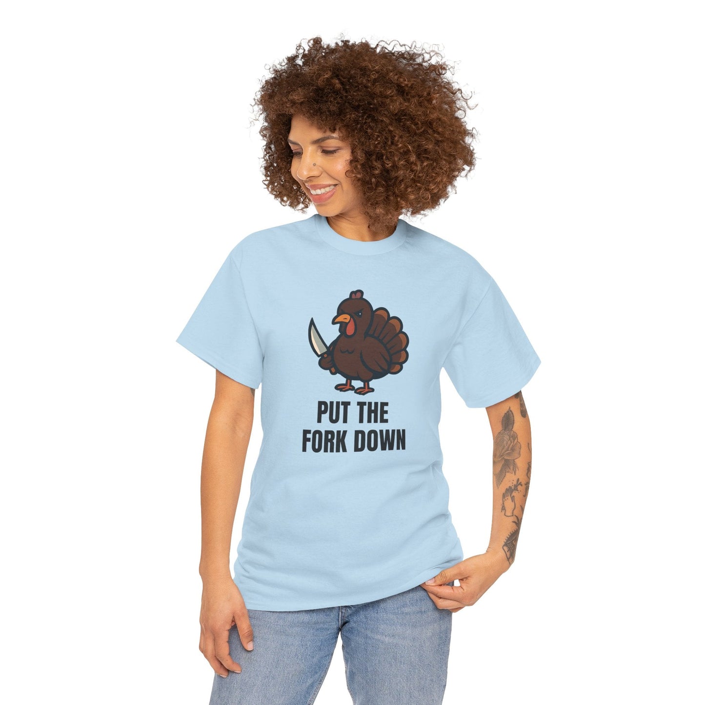 Funny Angry Turkey Shirt – “Put the Fork Down” Unisex Thanksgiving Graphic Tee, Friendsgiving Meme T-Shirt - Light Blue