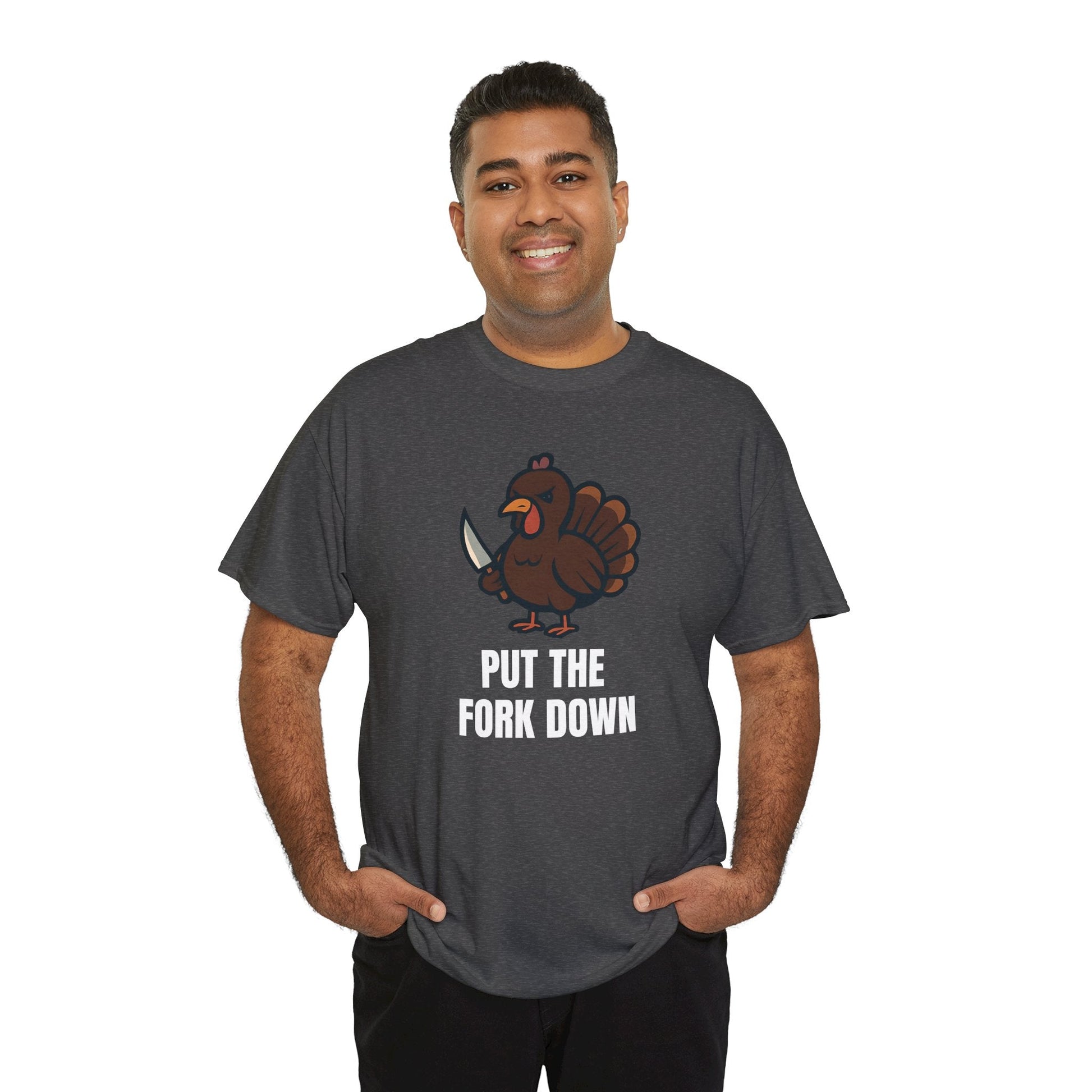 Funny Angry Turkey Shirt – “Put the Fork Down” Unisex Thanksgiving Graphic Tee, Friendsgiving Meme T-Shirt - Dark Heather