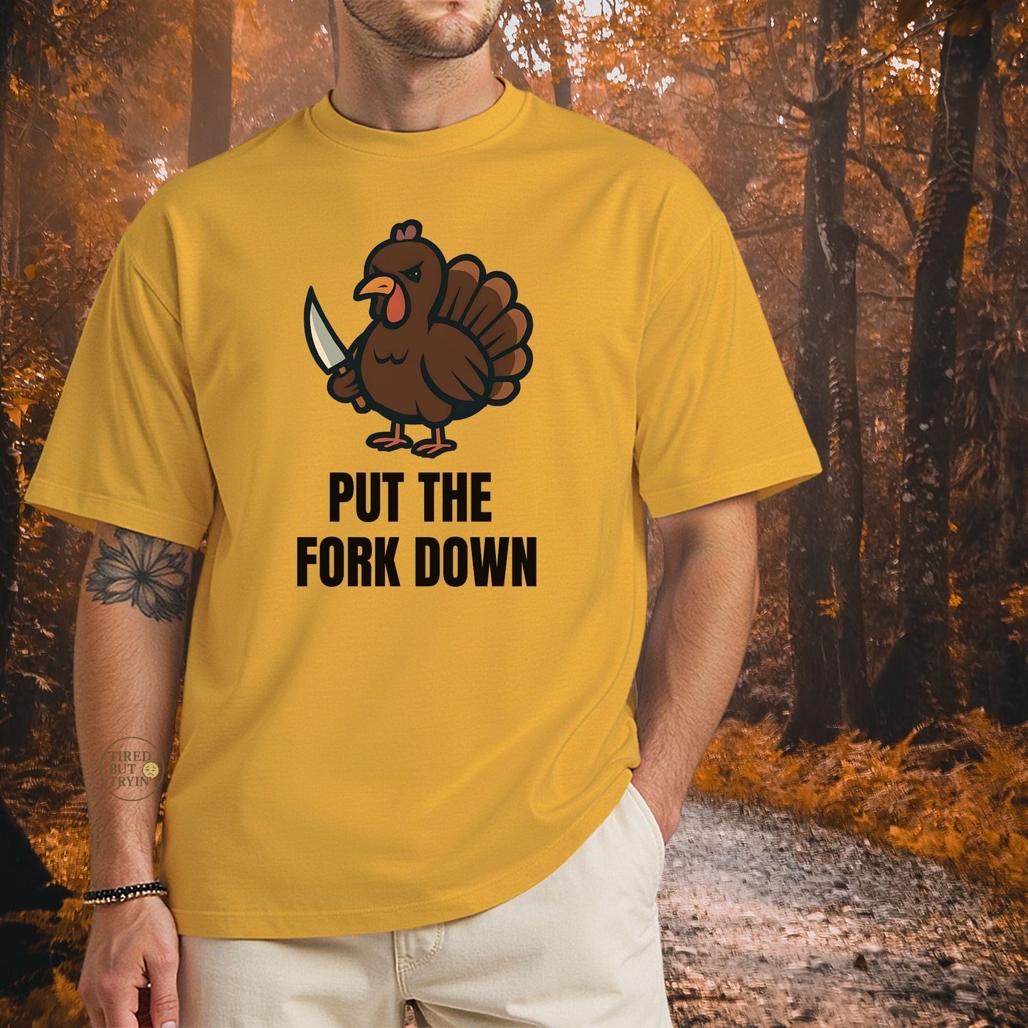 Funny Angry Turkey Shirt – “Put the Fork Down” Unisex Thanksgiving Graphic Tee, Friendsgiving Meme T-Shirt - Gold
