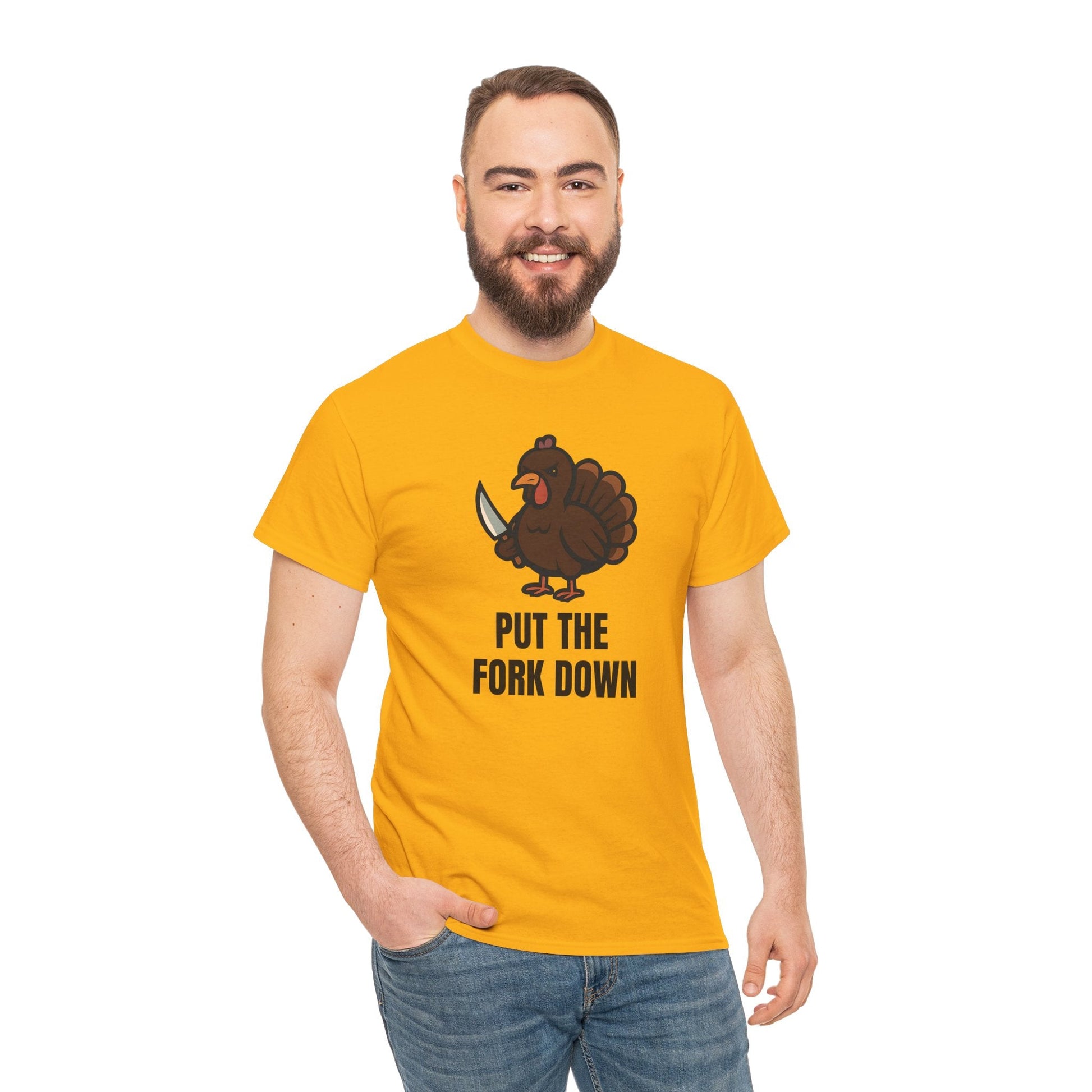 Funny Angry Turkey Shirt – “Put the Fork Down” Unisex Thanksgiving Graphic Tee, Friendsgiving Meme T-Shirt - Gold