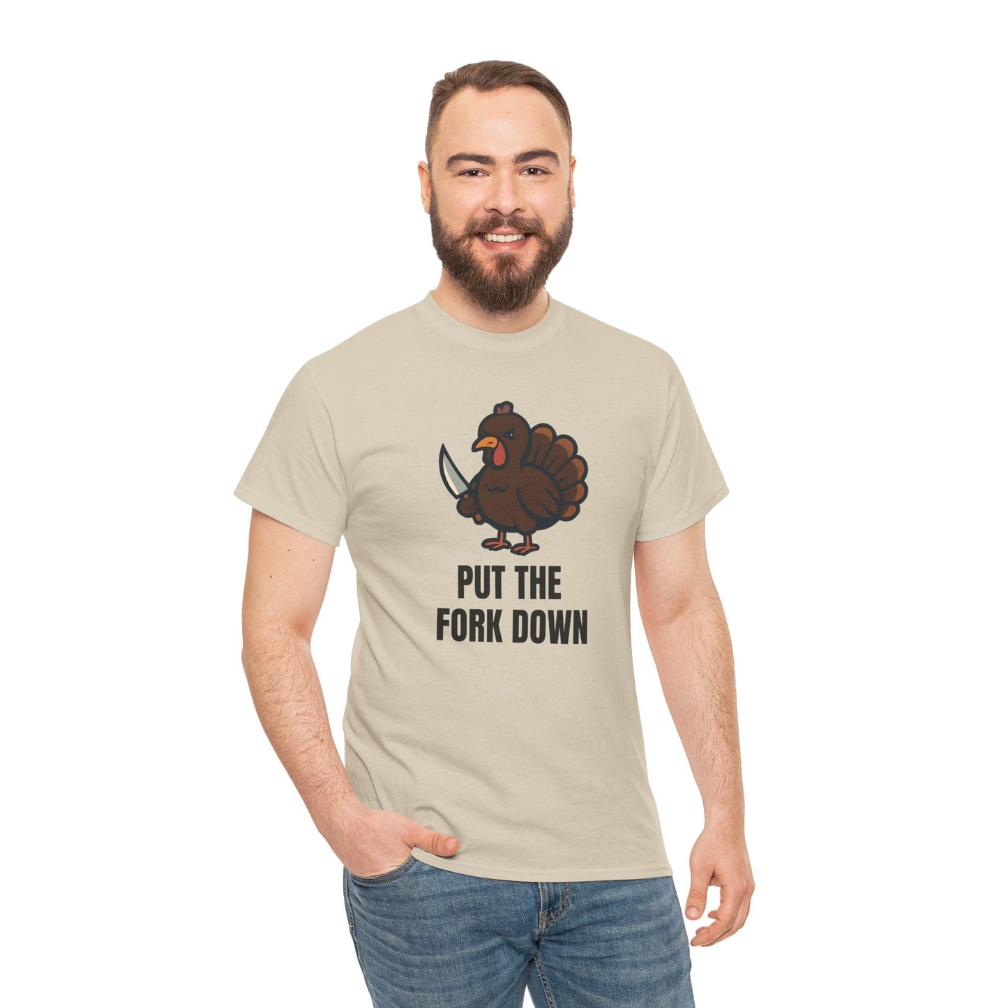 Funny Angry Turkey Shirt – “Put the Fork Down” Unisex Thanksgiving Graphic Tee, Friendsgiving Meme T-Shirt - Sand