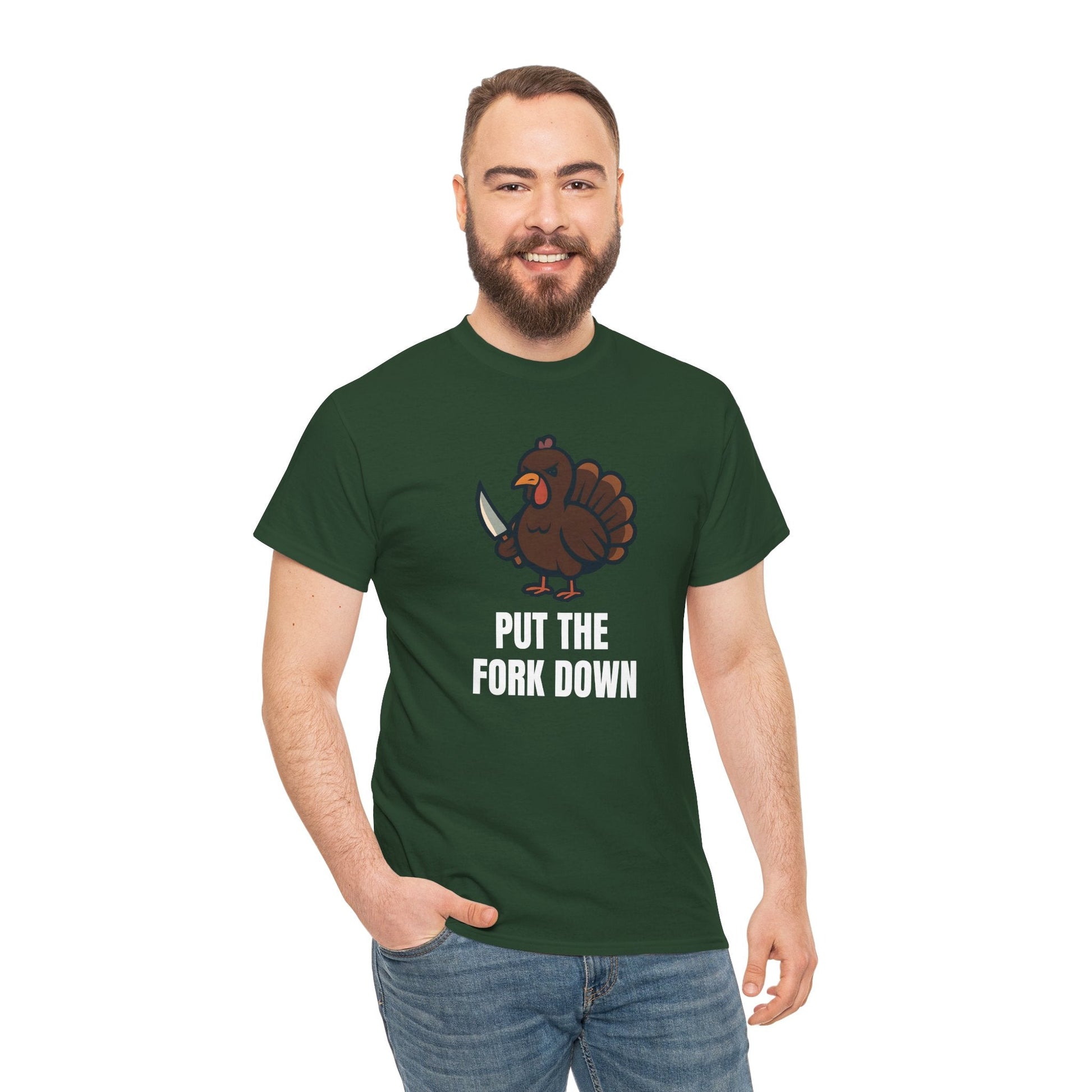 Funny Angry Turkey Shirt – “Put the Fork Down” Unisex Thanksgiving Graphic Tee, Friendsgiving Meme T-Shirt - Forest Green