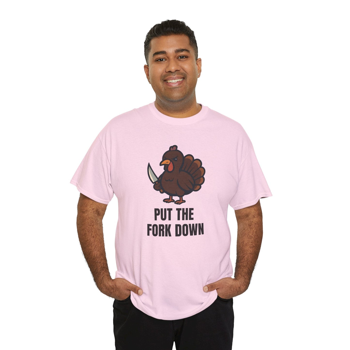 Funny Angry Turkey Shirt – “Put the Fork Down” Unisex Thanksgiving Graphic Tee, Friendsgiving Meme T-Shirt - Light Pink