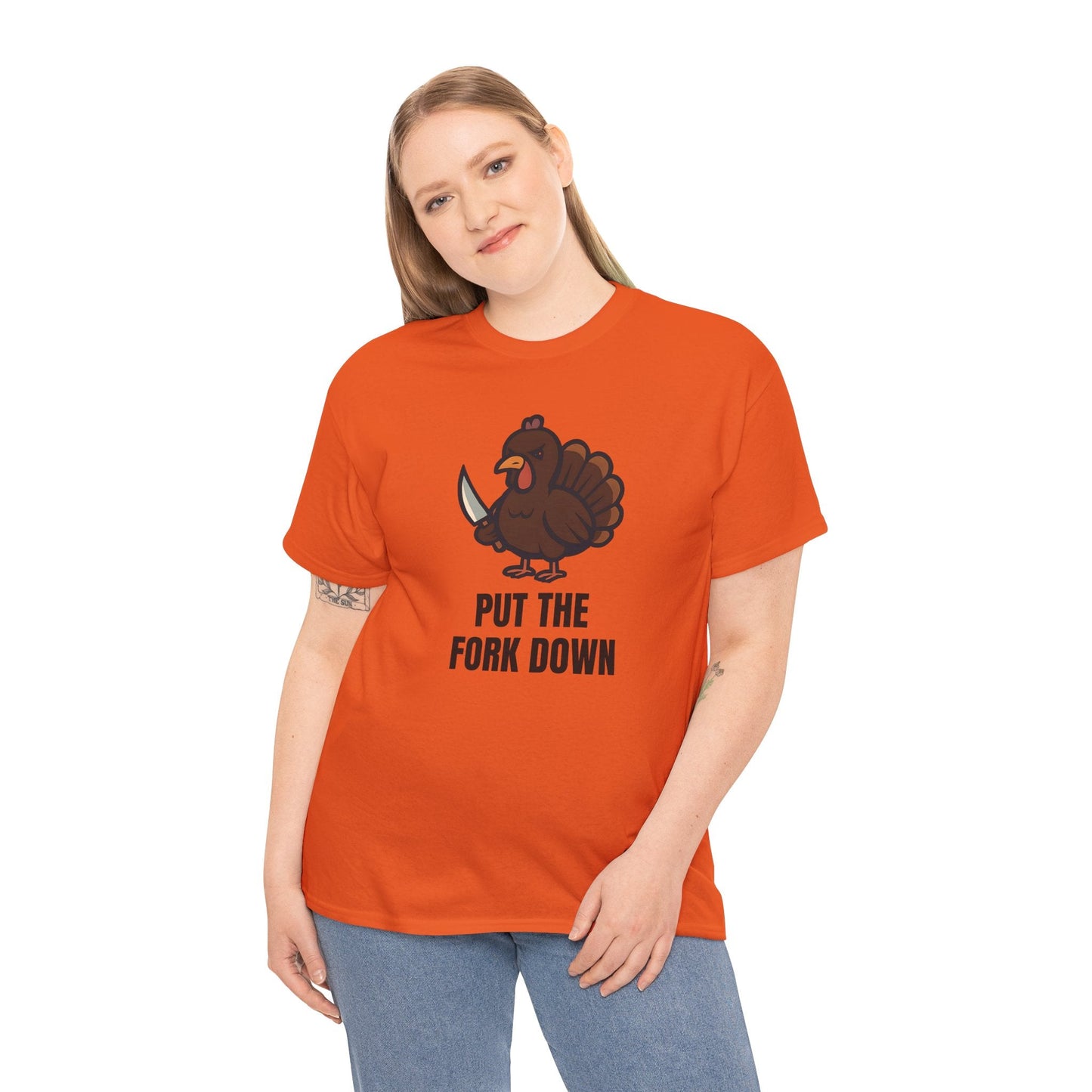 Funny Angry Turkey Shirt – “Put the Fork Down” Unisex Thanksgiving Graphic Tee, Friendsgiving Meme T-Shirt - Orange