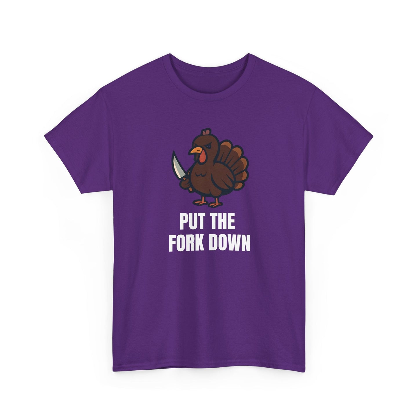Funny Angry Turkey Shirt – “Put the Fork Down” Unisex Thanksgiving Graphic Tee, Friendsgiving Meme T-Shirt - Purple