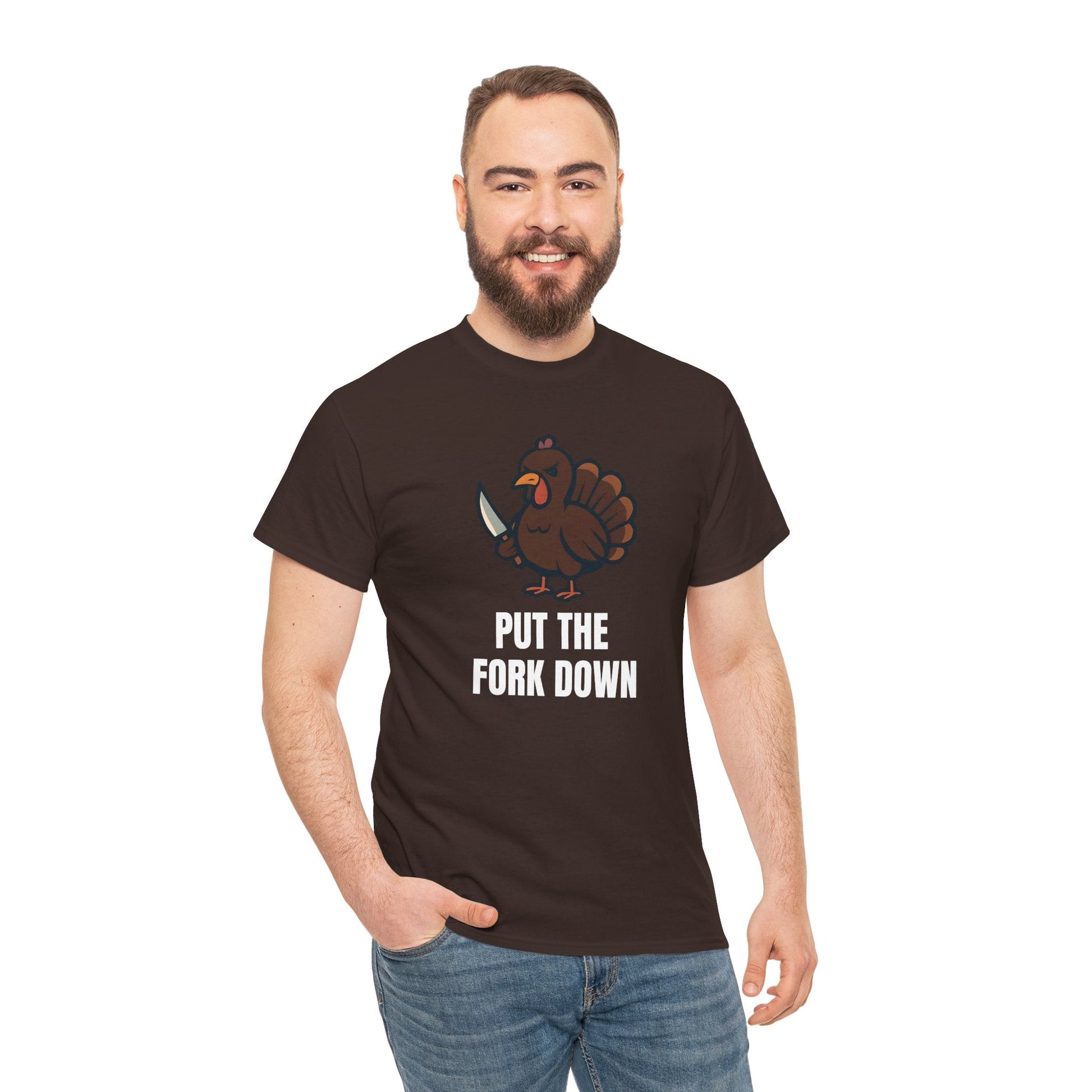 Funny Angry Turkey Shirt – “Put the Fork Down” Unisex Thanksgiving Graphic Tee, Friendsgiving Meme T-Shirt - Dark Chocolate