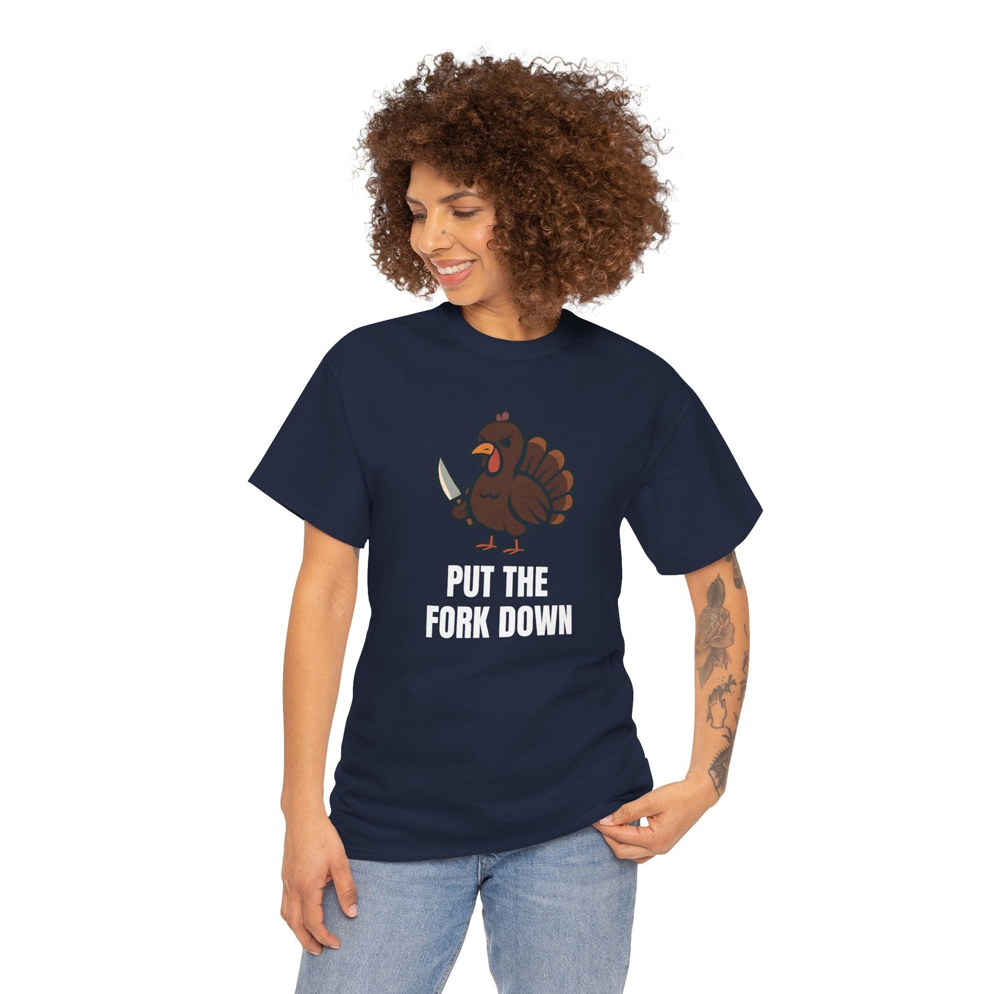 Funny Angry Turkey Shirt – “Put the Fork Down” Unisex Thanksgiving Graphic Tee, Friendsgiving Meme T-Shirt - Navy