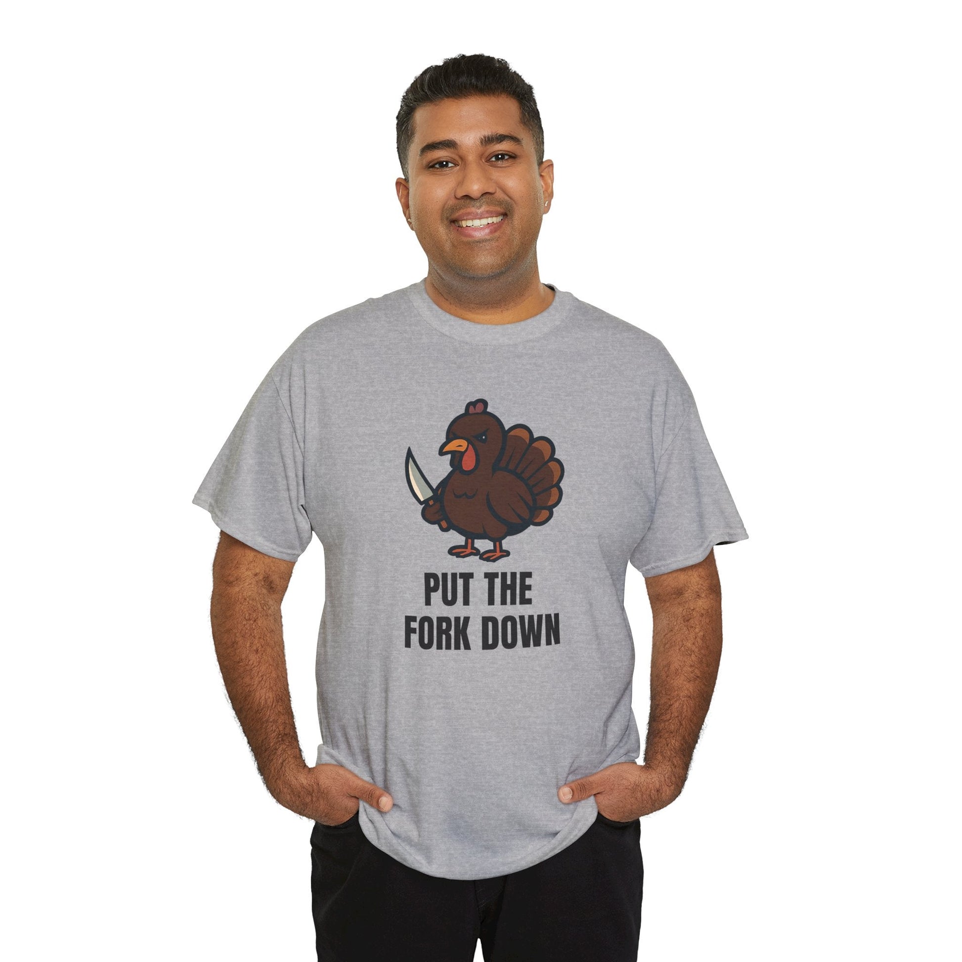 Funny Angry Turkey Shirt – “Put the Fork Down” Unisex Thanksgiving Graphic Tee, Friendsgiving Meme T-Shirt - Sport Grey
