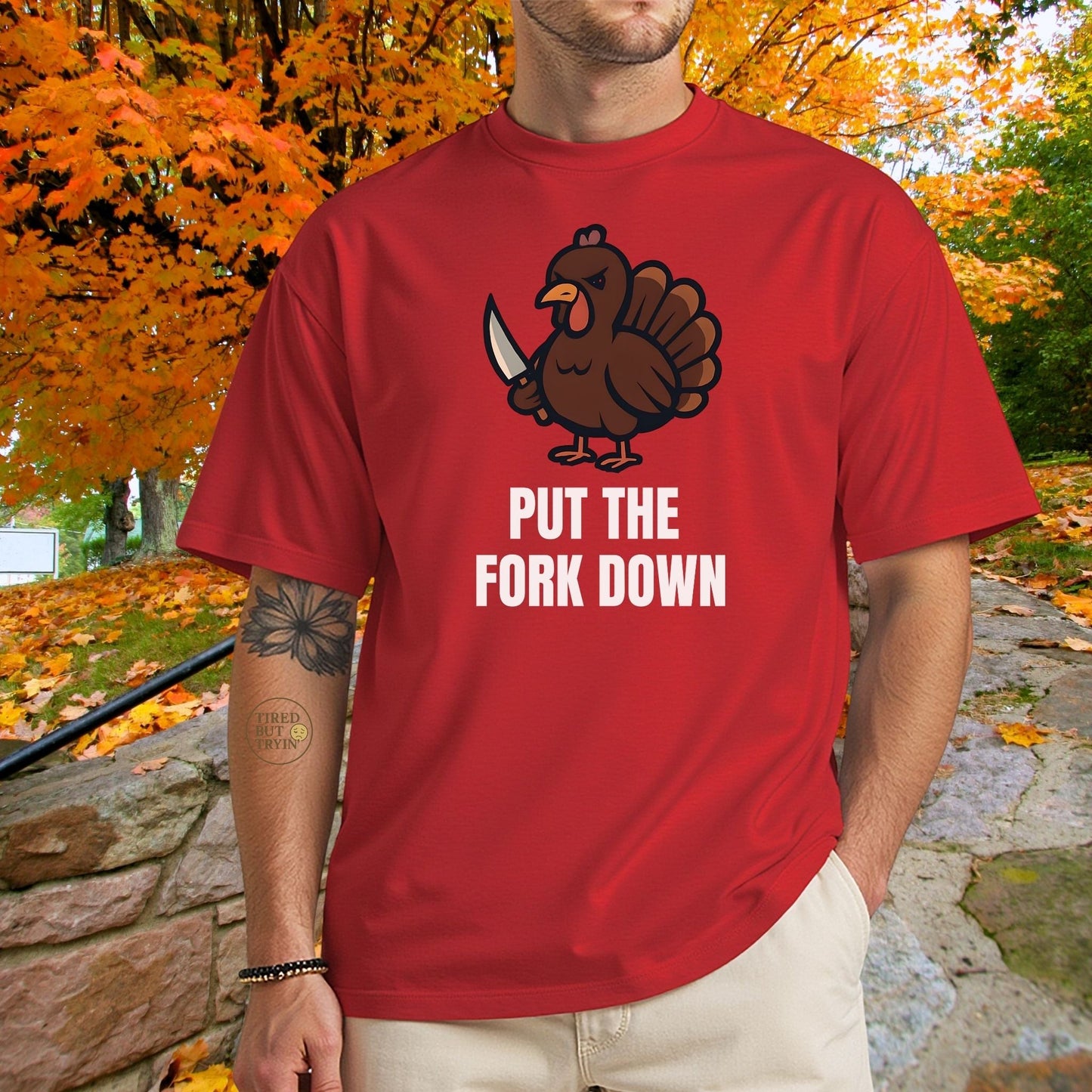 Funny Angry Turkey Shirt – “Put the Fork Down” Unisex Thanksgiving Graphic Tee, Friendsgiving Meme T-Shirt - Red