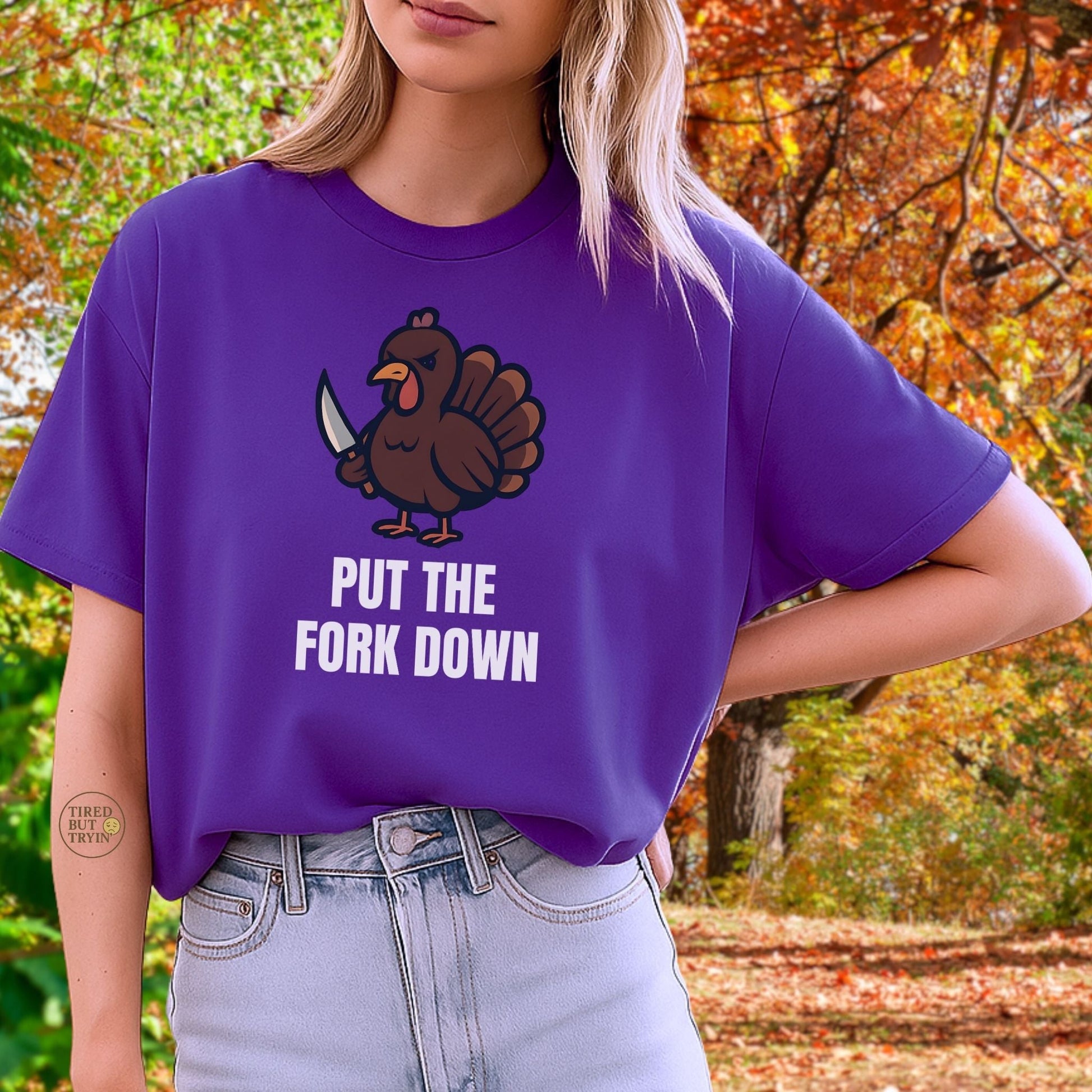 Funny Angry Turkey Shirt – “Put the Fork Down” Unisex Thanksgiving Graphic Tee, Friendsgiving Meme T-Shirt - Purple