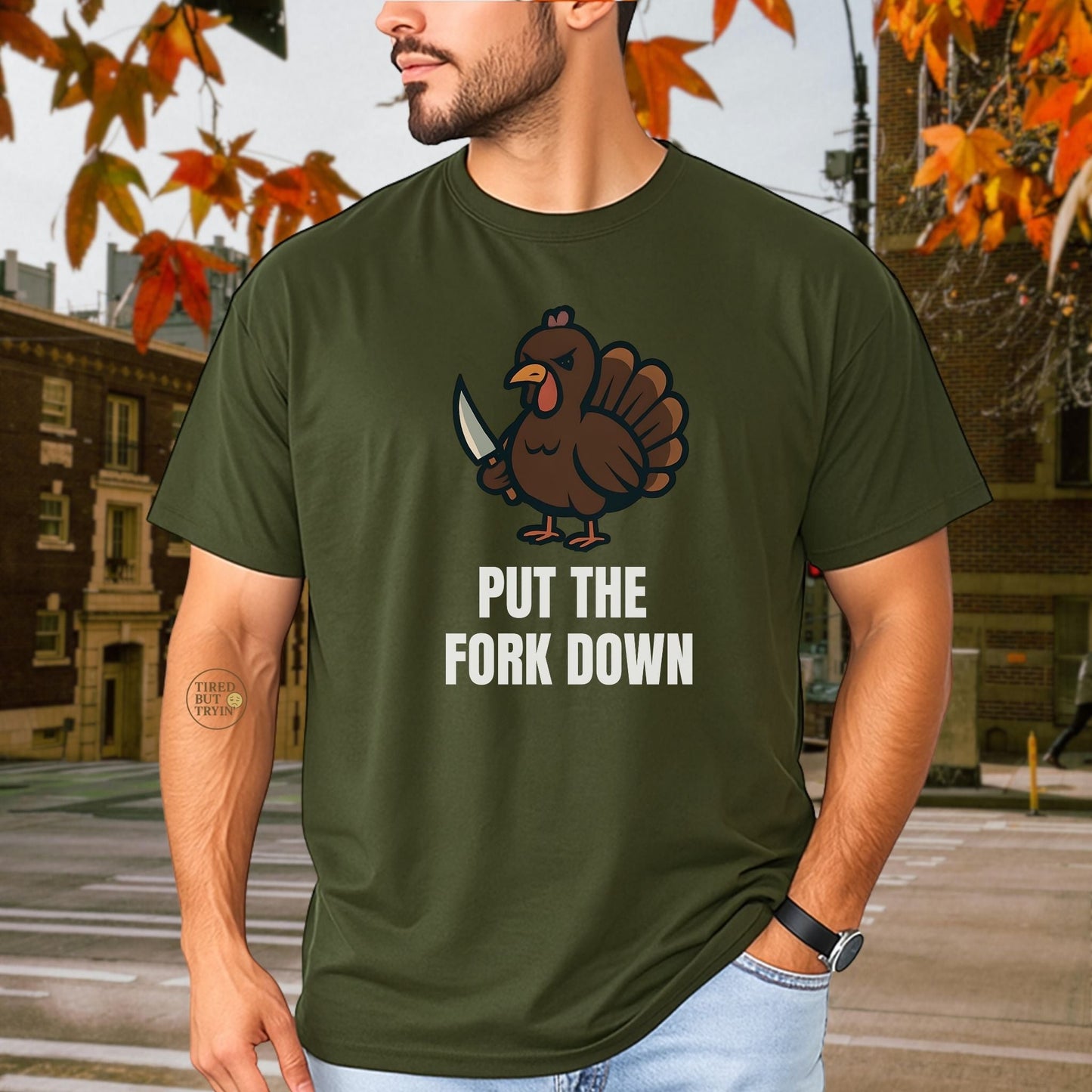 Funny Angry Turkey Shirt – “Put the Fork Down” Unisex Thanksgiving Graphic Tee, Friendsgiving Meme T-Shirt - Forest Green