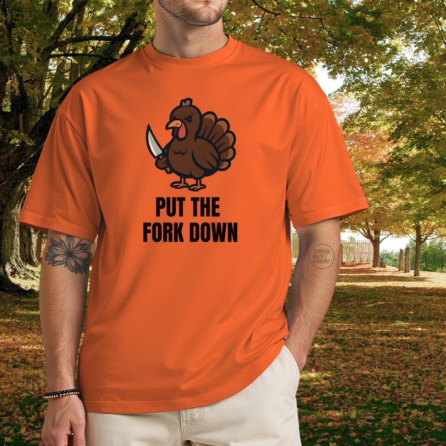 Funny Angry Turkey Shirt – “Put the Fork Down” Unisex Thanksgiving Graphic Tee, Friendsgiving Meme T-Shirt - Gold