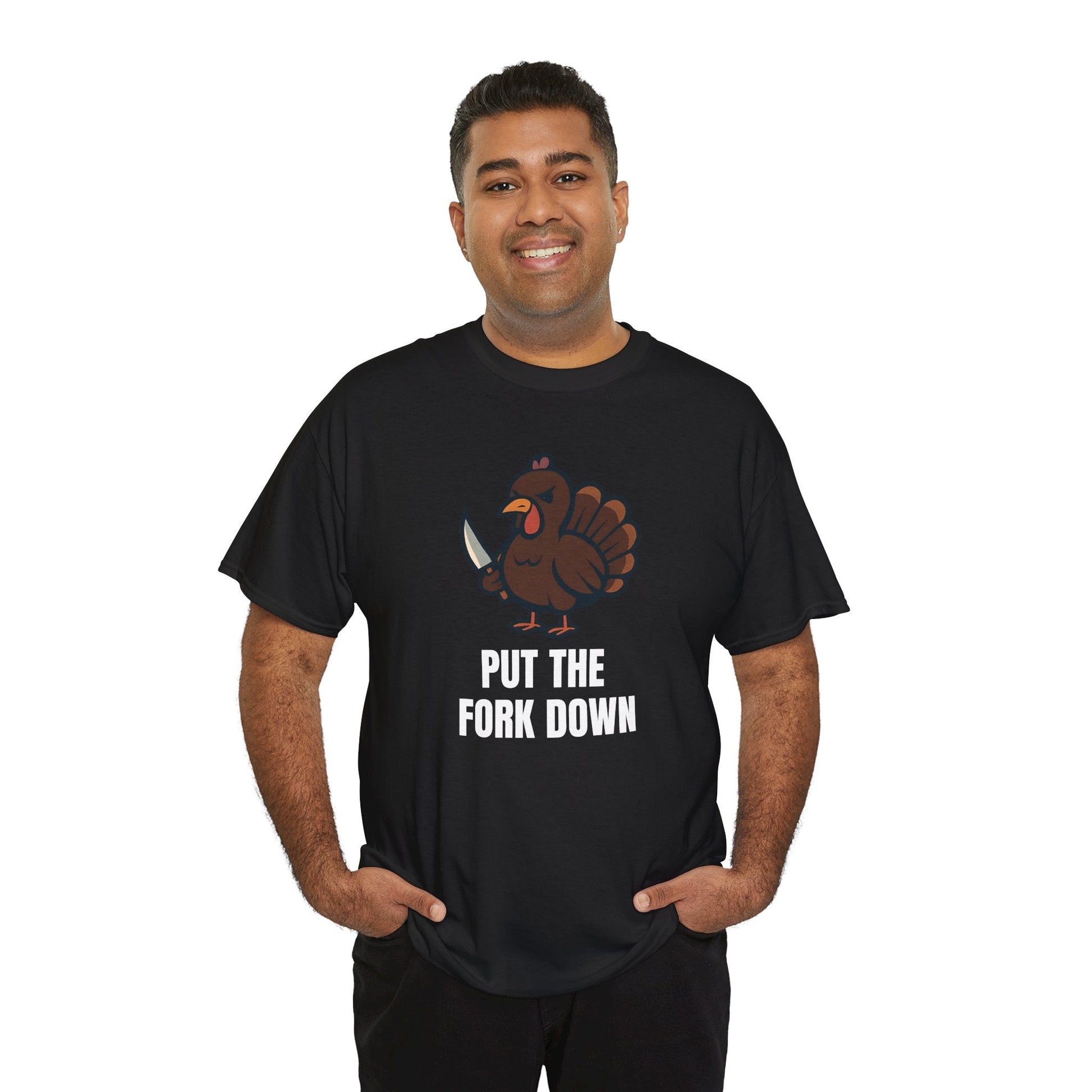 Funny Angry Turkey Shirt – “Put the Fork Down” Unisex Thanksgiving Graphic Tee, Friendsgiving Meme T-Shirt - Black