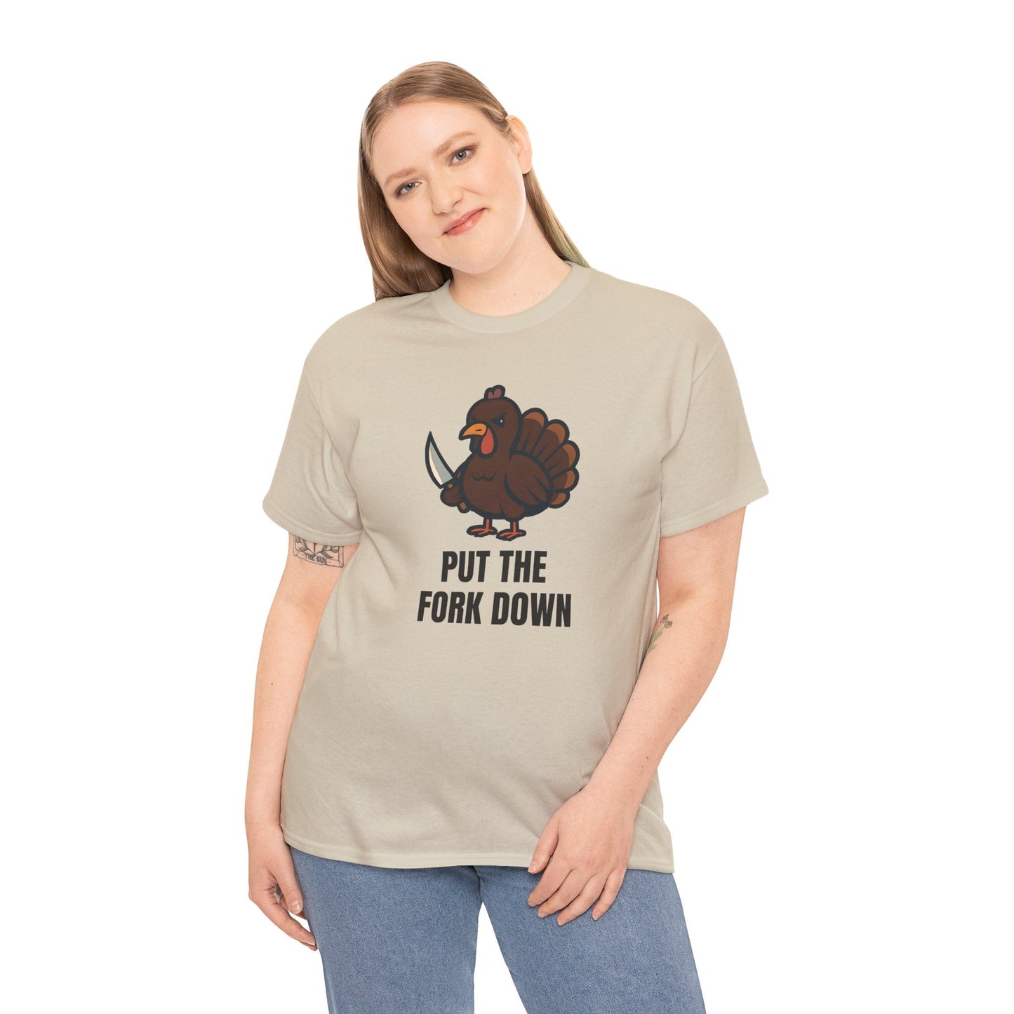 Funny Angry Turkey Shirt – “Put the Fork Down” Unisex Thanksgiving Graphic Tee, Friendsgiving Meme T-Shirt - Sand