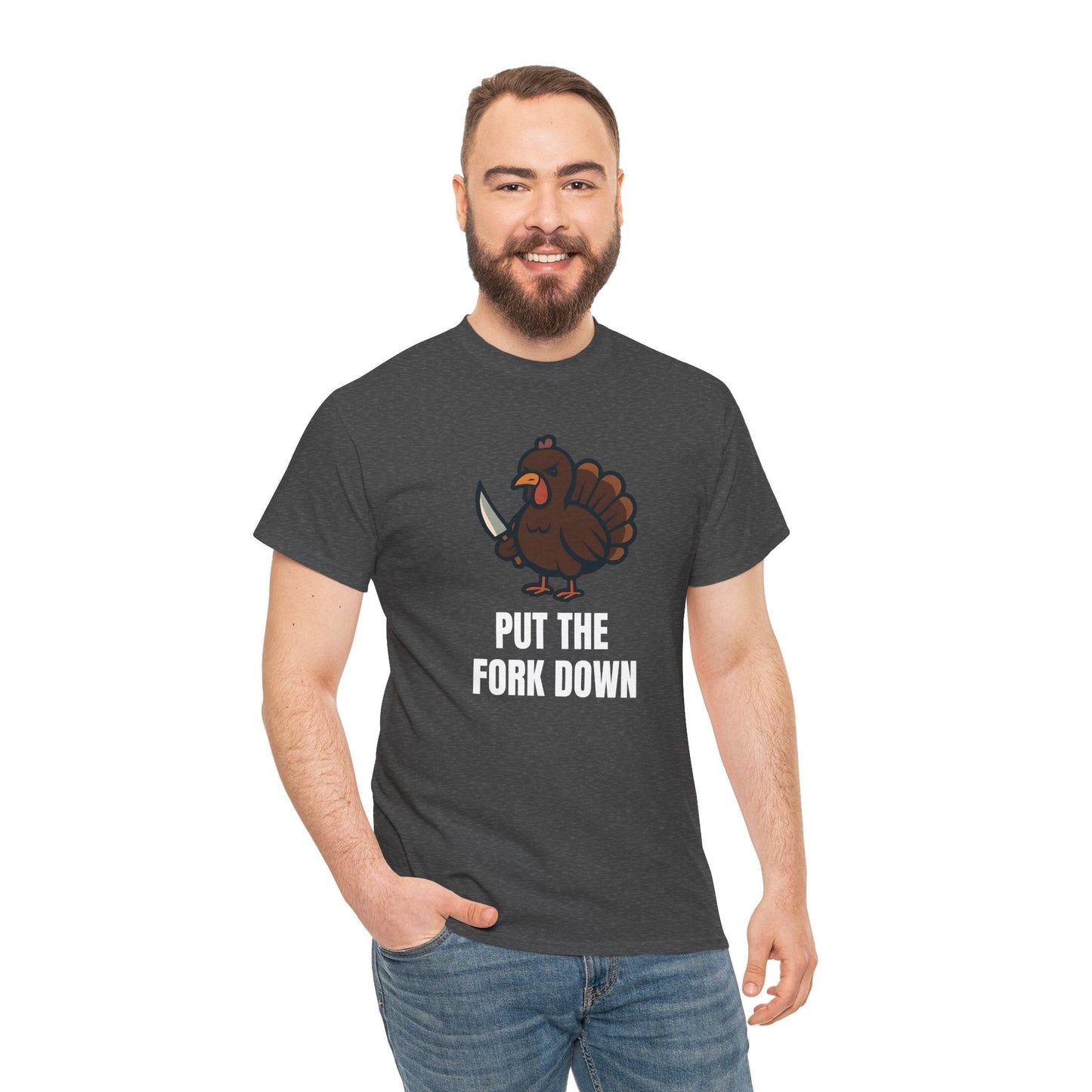 Funny Angry Turkey Shirt – “Put the Fork Down” Unisex Thanksgiving Graphic Tee, Friendsgiving Meme T-Shirt - Dark Heather