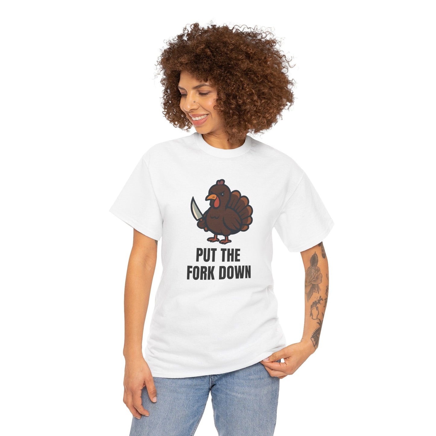 Funny Angry Turkey Shirt – “Put the Fork Down” Unisex Thanksgiving Graphic Tee, Friendsgiving Meme T-Shirt - White