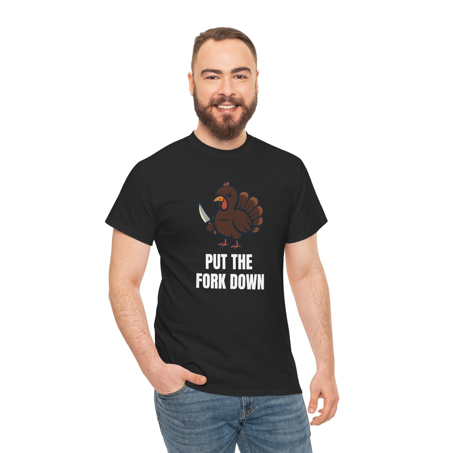 Funny Angry Turkey Shirt – “Put the Fork Down” Unisex Thanksgiving Graphic Tee, Friendsgiving Meme T-Shirt - Black