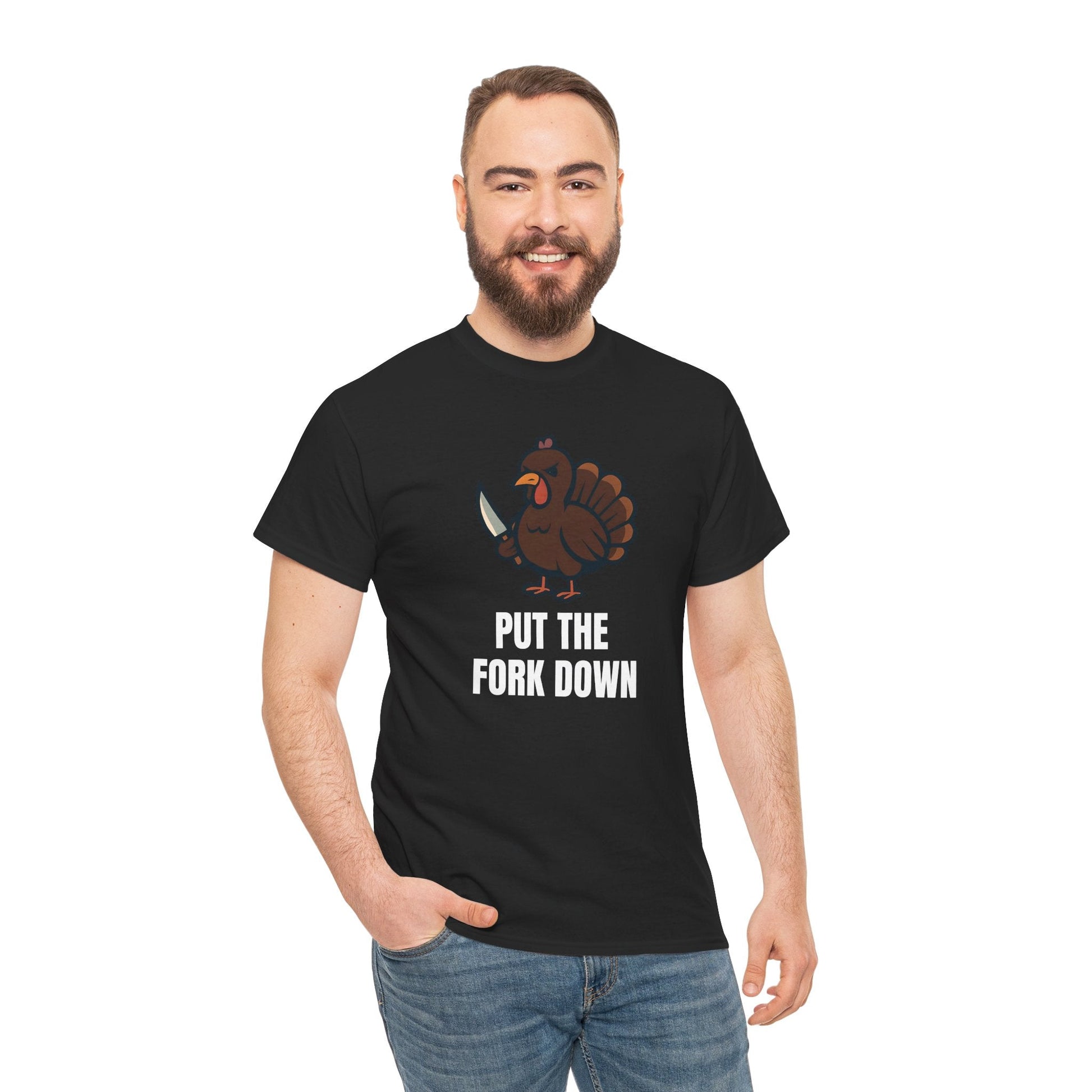 Funny Angry Turkey Shirt – “Put the Fork Down” Unisex Thanksgiving Graphic Tee, Friendsgiving Meme T-Shirt - Black