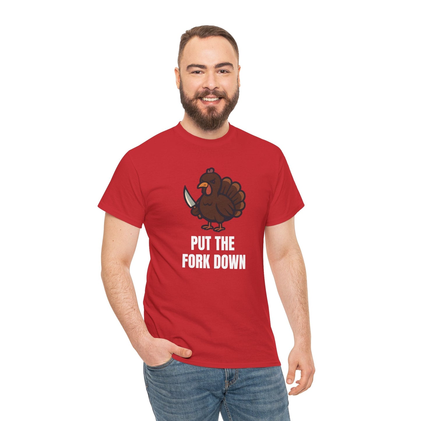 Funny Angry Turkey Shirt – “Put the Fork Down” Unisex Thanksgiving Graphic Tee, Friendsgiving Meme T-Shirt - Red