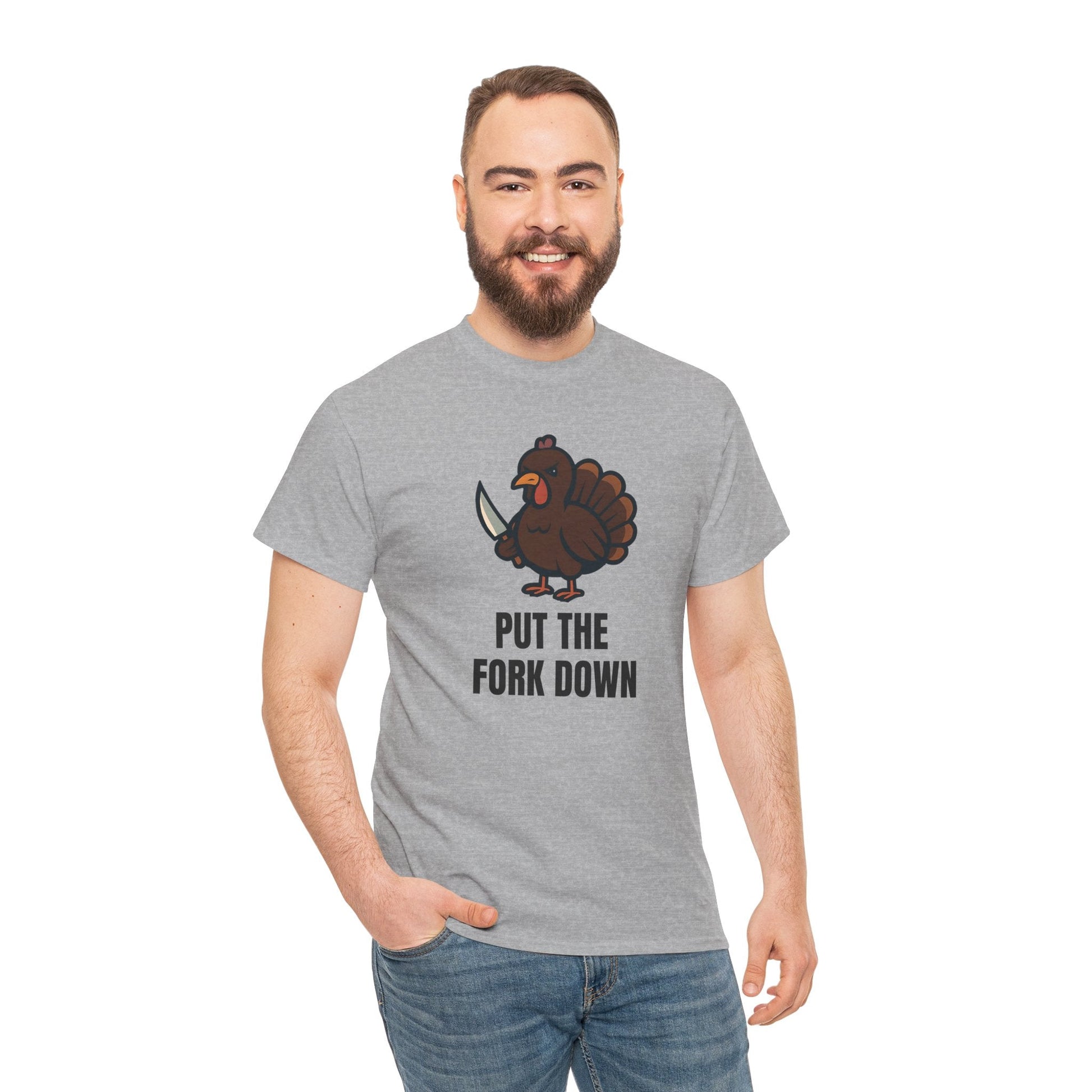 Funny Angry Turkey Shirt – “Put the Fork Down” Unisex Thanksgiving Graphic Tee, Friendsgiving Meme T-Shirt - Sport Grey