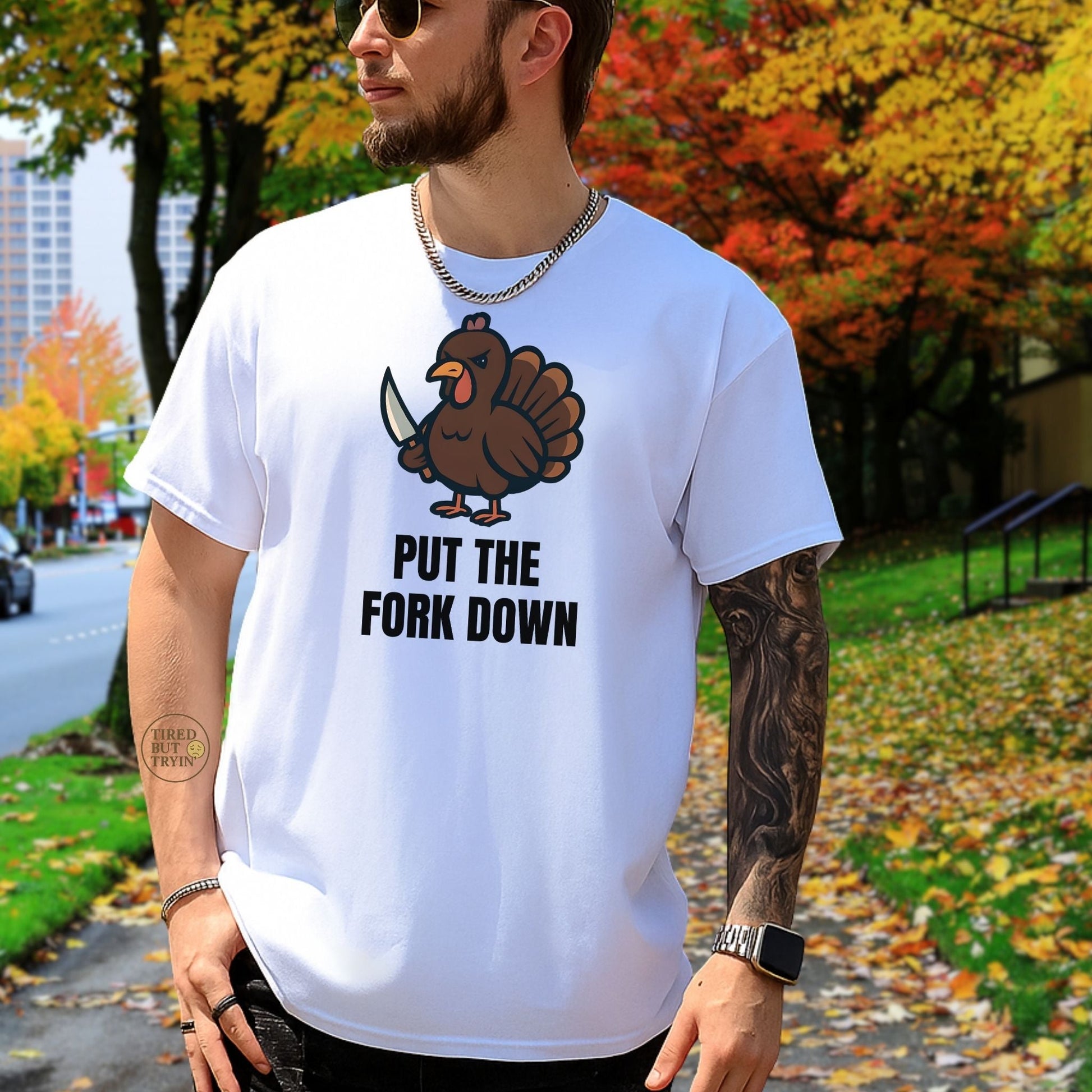 Funny Angry Turkey Shirt – “Put the Fork Down” Unisex Thanksgiving Graphic Tee, Friendsgiving Meme T-Shirt - Dark Chocolate