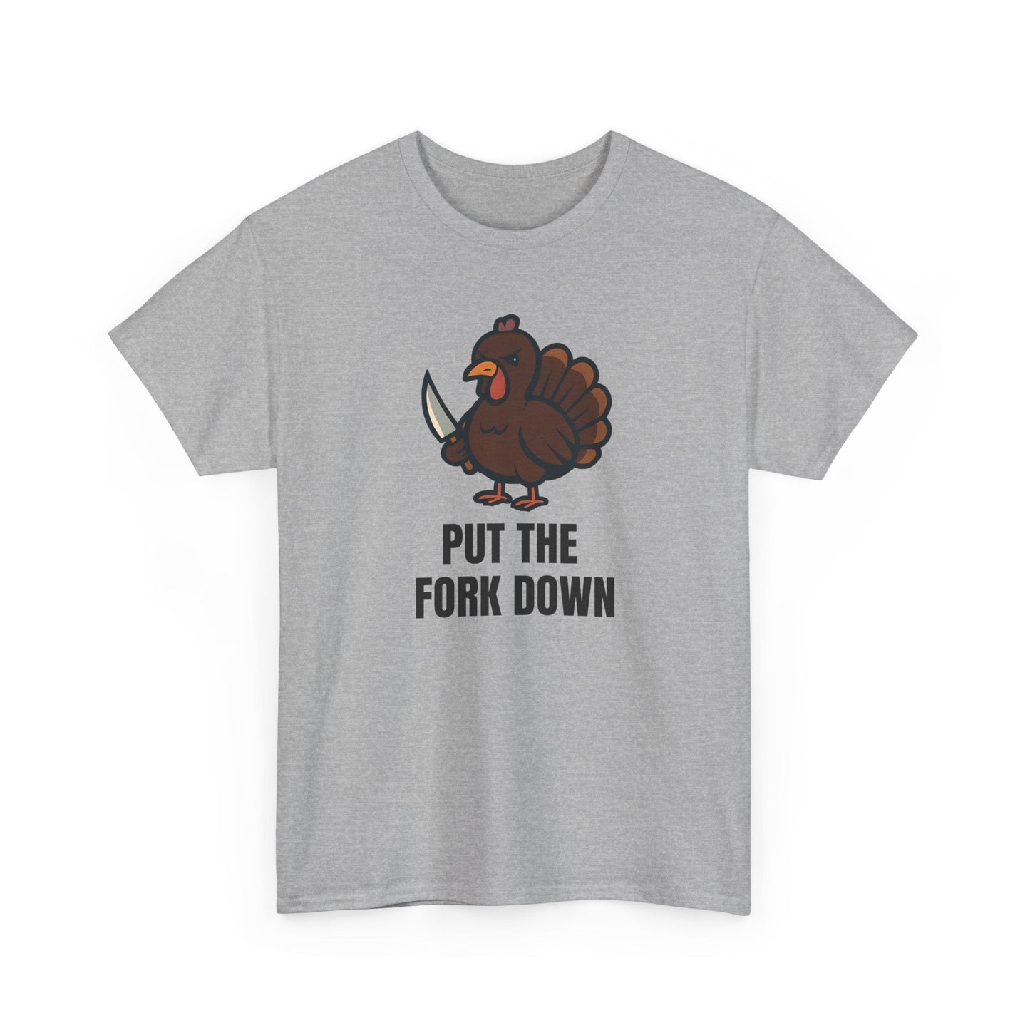 Funny Angry Turkey Shirt – “Put the Fork Down” Unisex Thanksgiving Graphic Tee, Friendsgiving Meme T-Shirt - Sport Grey