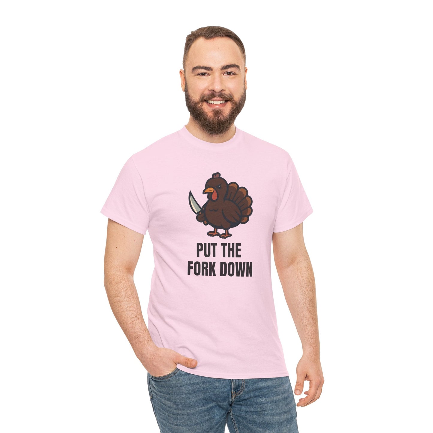 Funny Angry Turkey Shirt – “Put the Fork Down” Unisex Thanksgiving Graphic Tee, Friendsgiving Meme T-Shirt - Light Pink