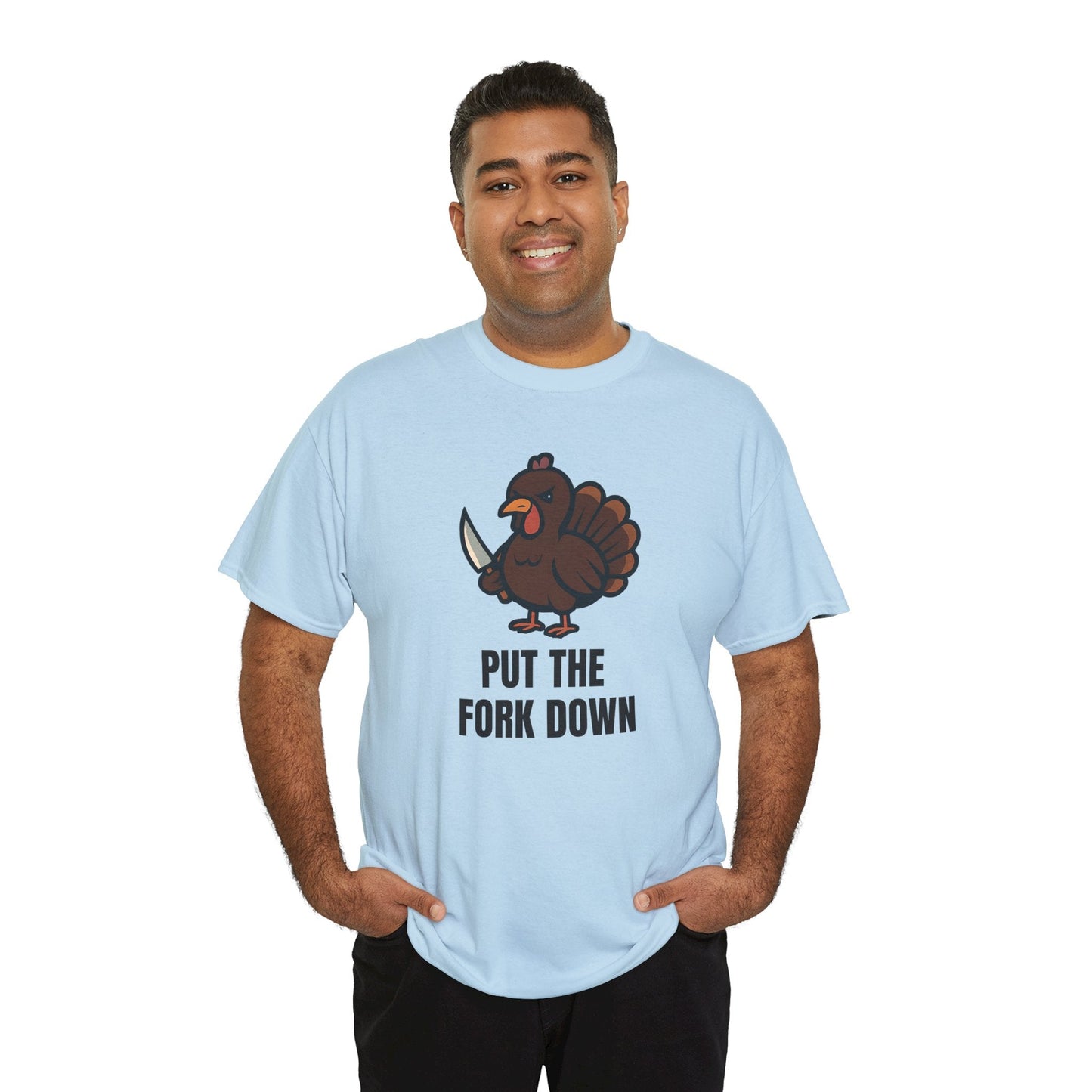 Funny Angry Turkey Shirt – “Put the Fork Down” Unisex Thanksgiving Graphic Tee, Friendsgiving Meme T-Shirt - Light Blue