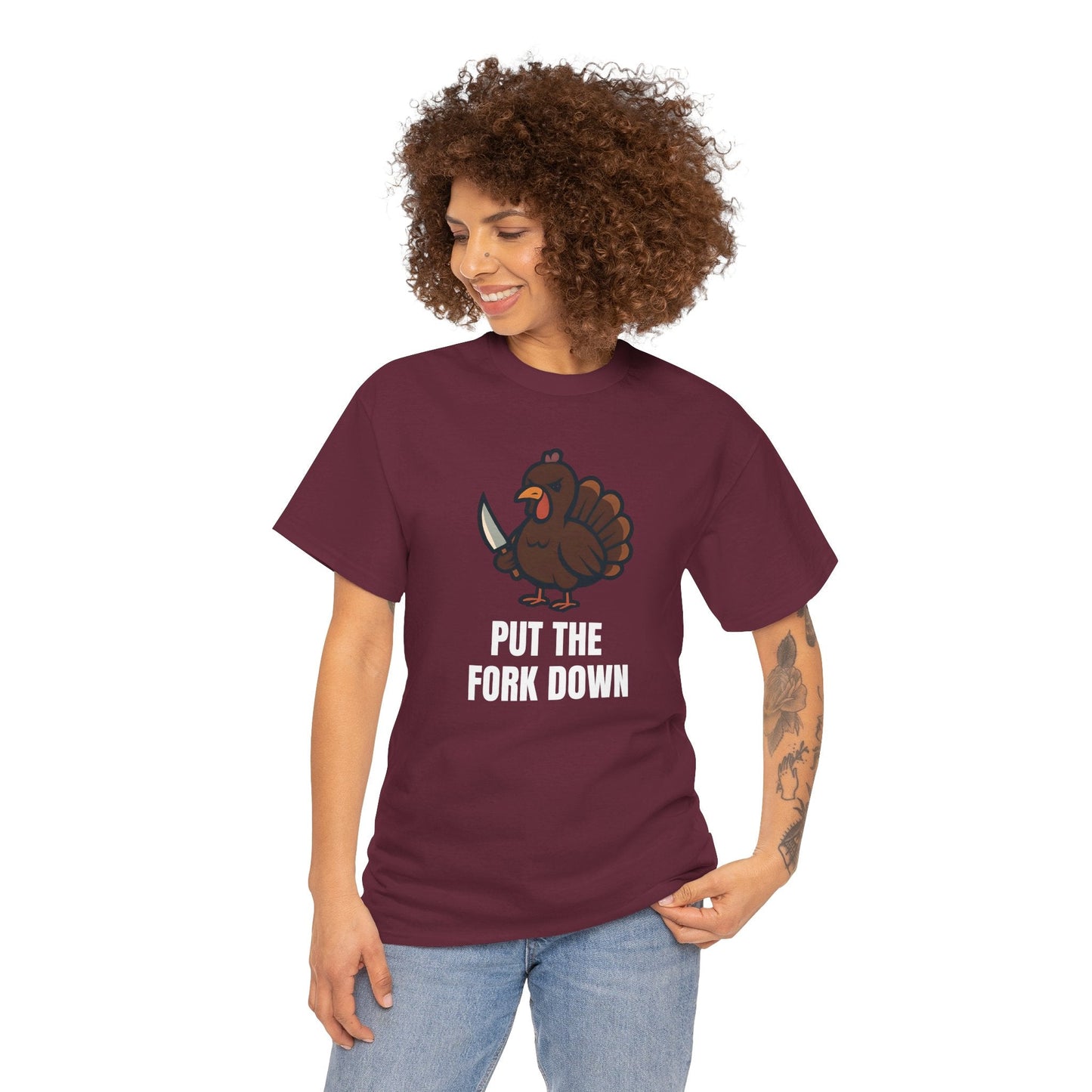 Funny Angry Turkey Shirt – “Put the Fork Down” Unisex Thanksgiving Graphic Tee, Friendsgiving Meme T-Shirt - Maroon