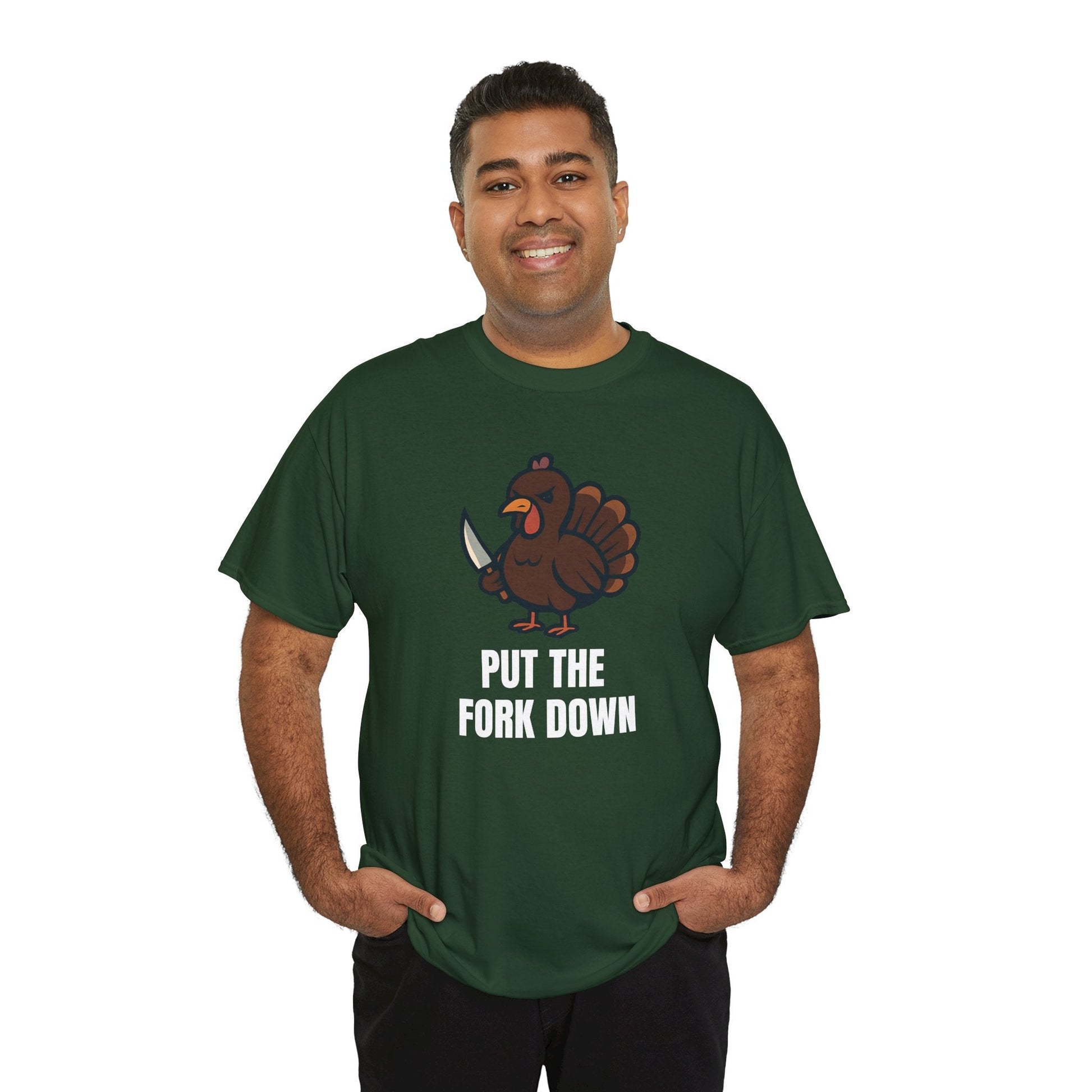 Funny Angry Turkey Shirt – “Put the Fork Down” Unisex Thanksgiving Graphic Tee, Friendsgiving Meme T-Shirt - Forest Green