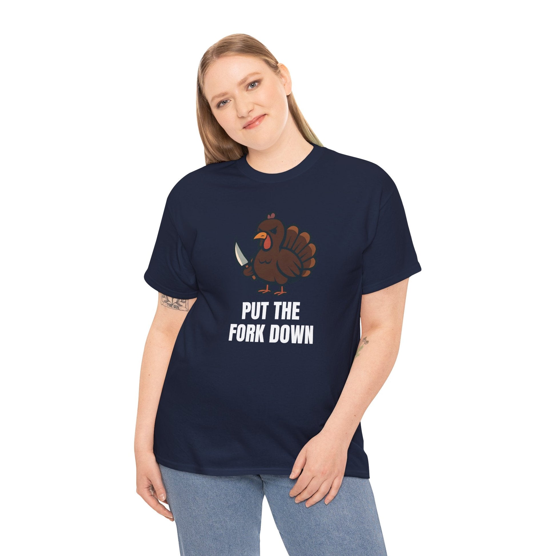 Funny Angry Turkey Shirt – “Put the Fork Down” Unisex Thanksgiving Graphic Tee, Friendsgiving Meme T-Shirt - Navy