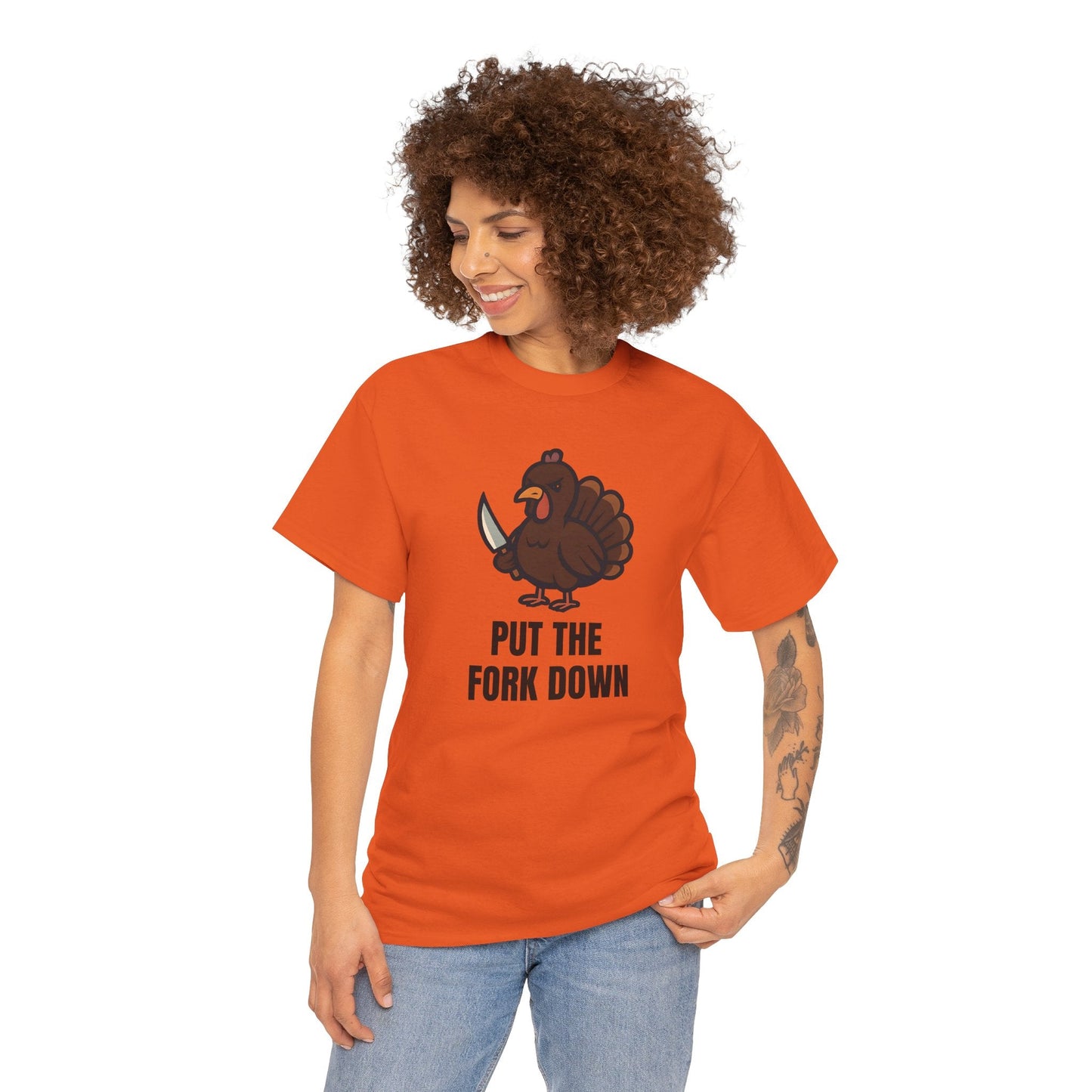 Funny Angry Turkey Shirt – “Put the Fork Down” Unisex Thanksgiving Graphic Tee, Friendsgiving Meme T-Shirt - Orange
