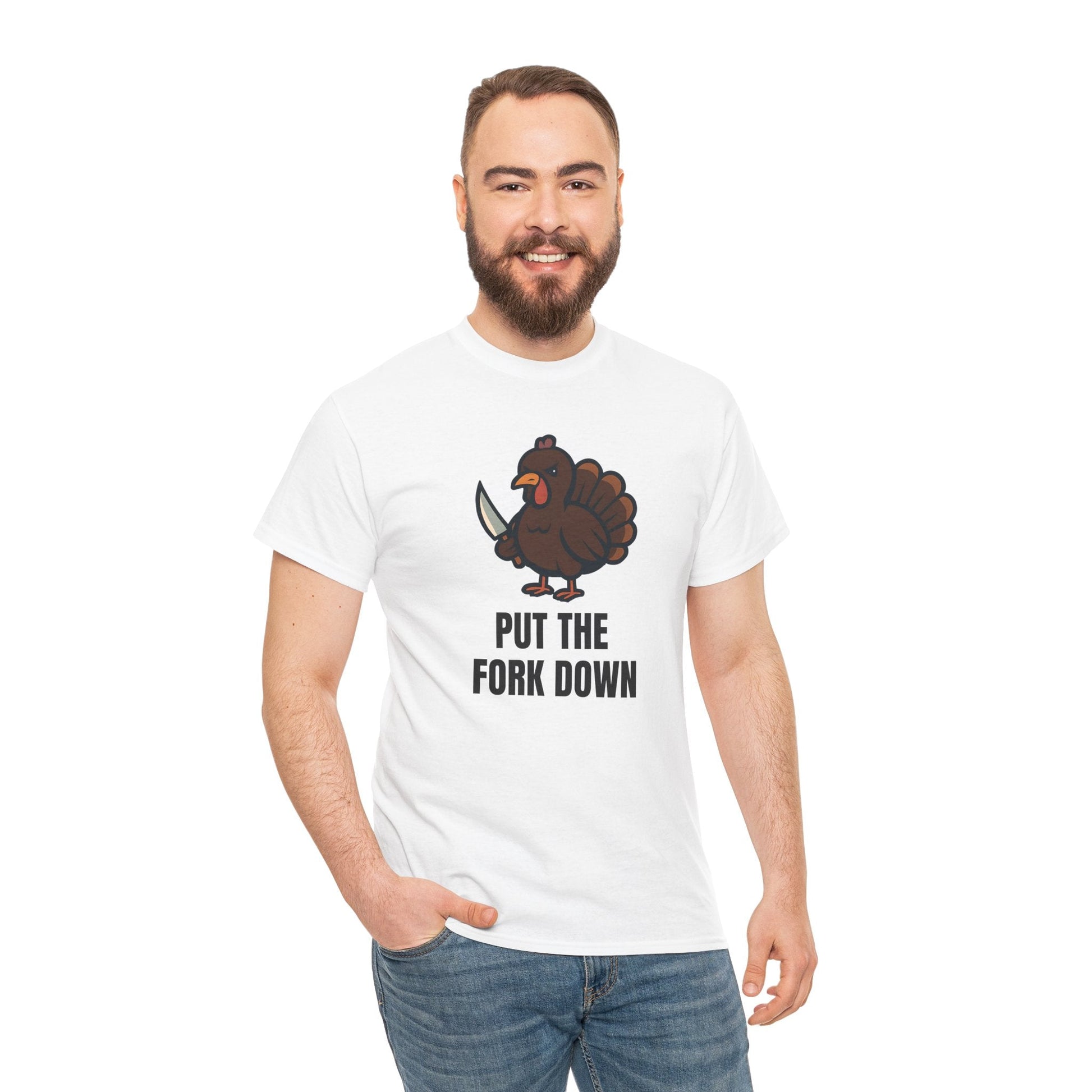 Funny Angry Turkey Shirt – “Put the Fork Down” Unisex Thanksgiving Graphic Tee, Friendsgiving Meme T-Shirt - White