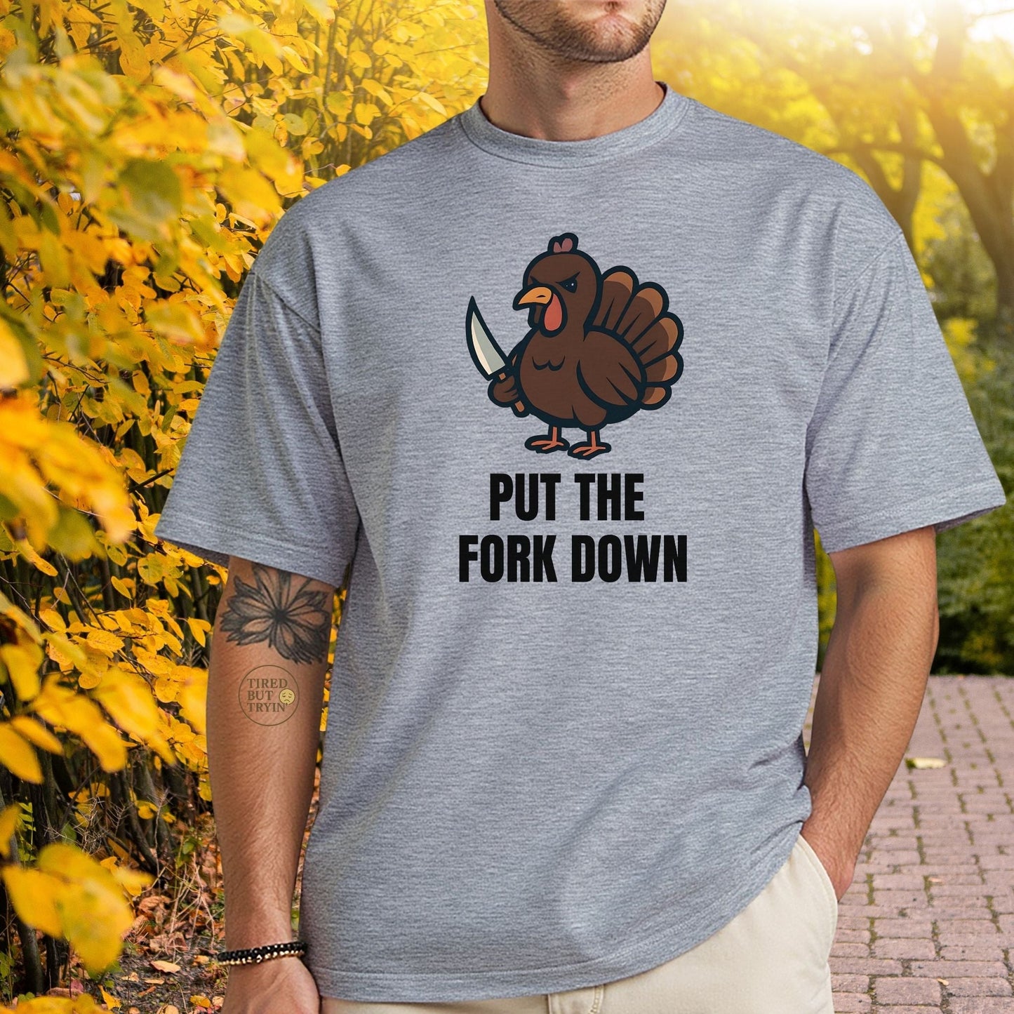 Funny Angry Turkey Shirt – “Put the Fork Down” Unisex Thanksgiving Graphic Tee, Friendsgiving Meme T-Shirt - Sport Grey