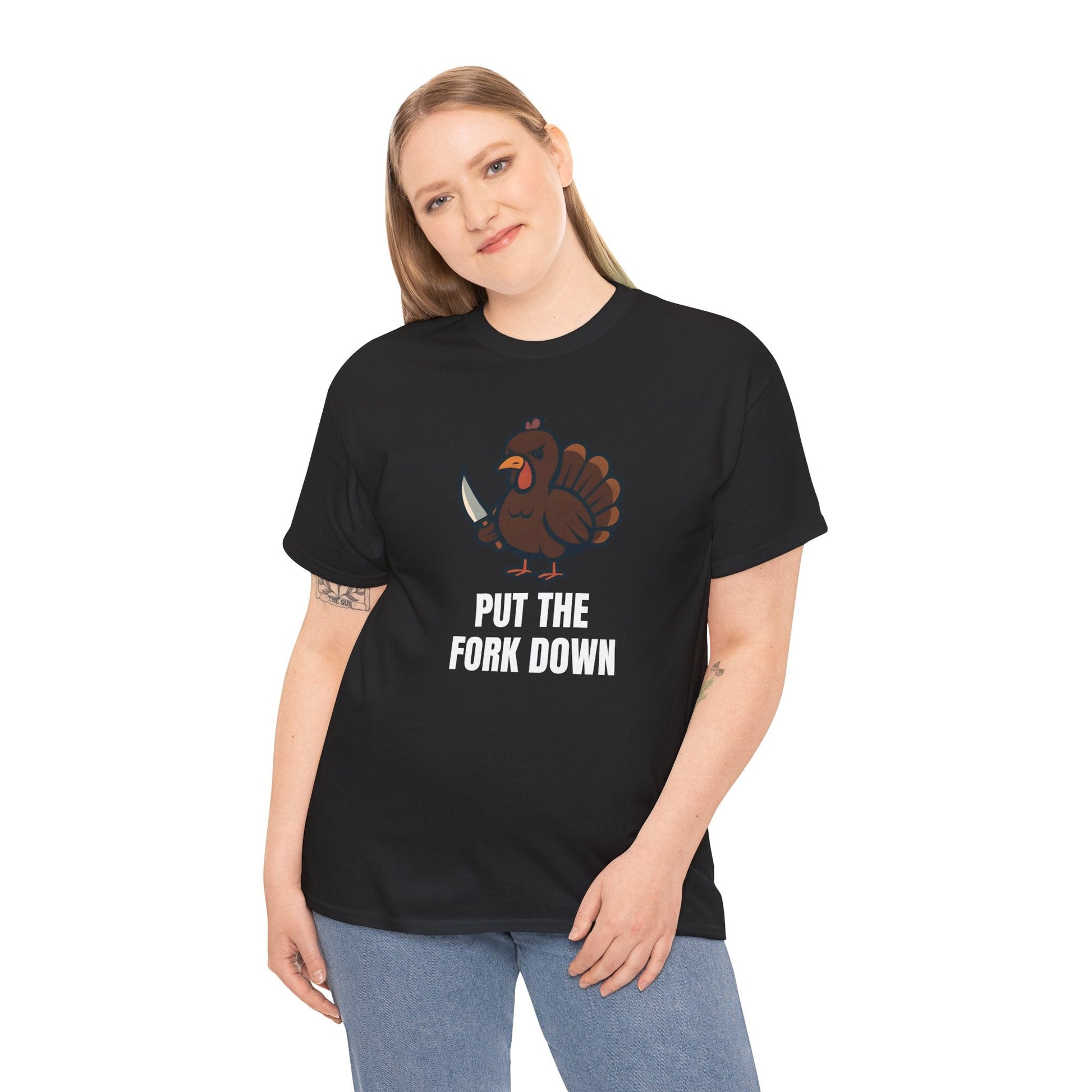 Funny Angry Turkey Shirt – “Put the Fork Down” Unisex Thanksgiving Graphic Tee, Friendsgiving Meme T-Shirt - Black