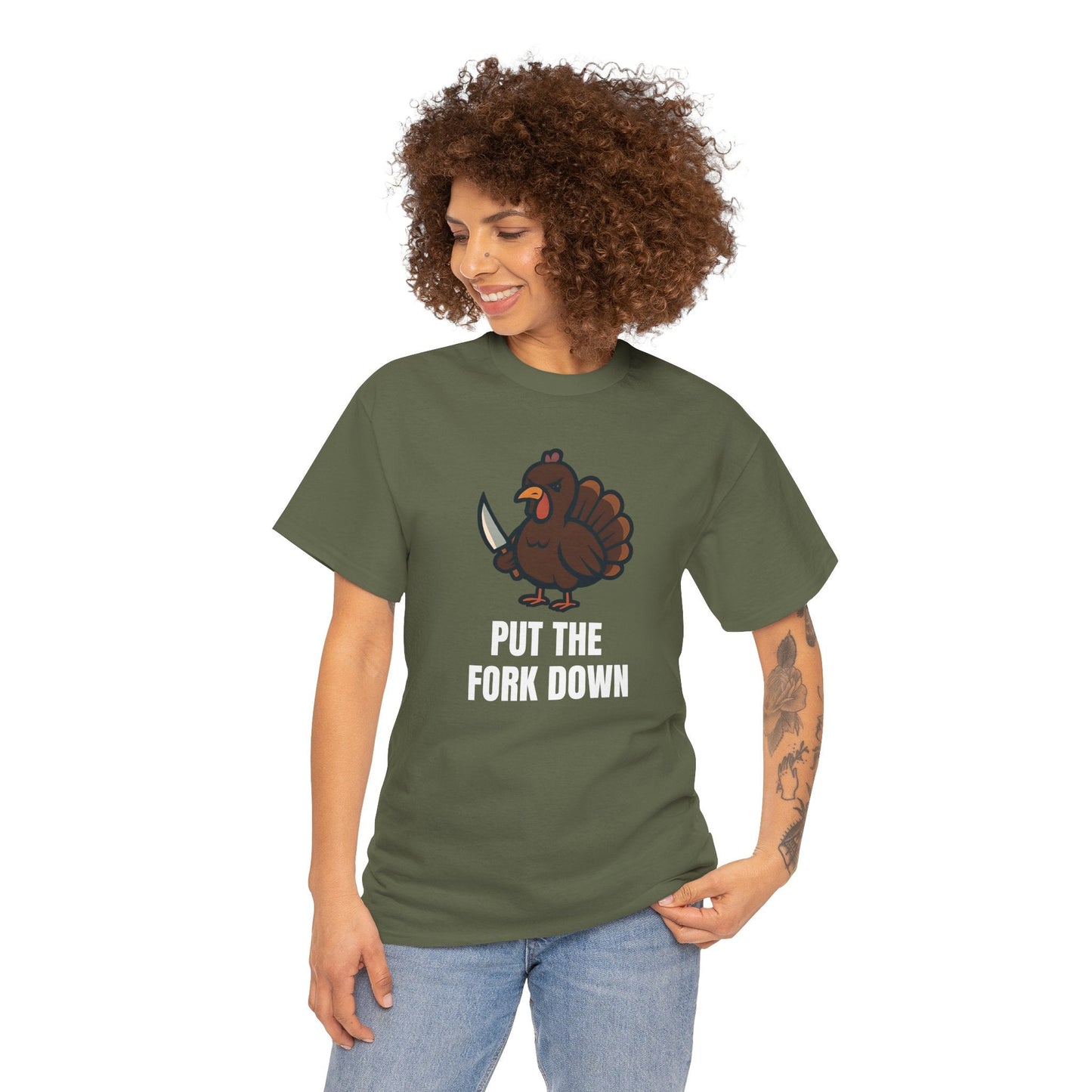 Funny Angry Turkey Shirt – “Put the Fork Down” Unisex Thanksgiving Graphic Tee, Friendsgiving Meme T-Shirt - Military Green