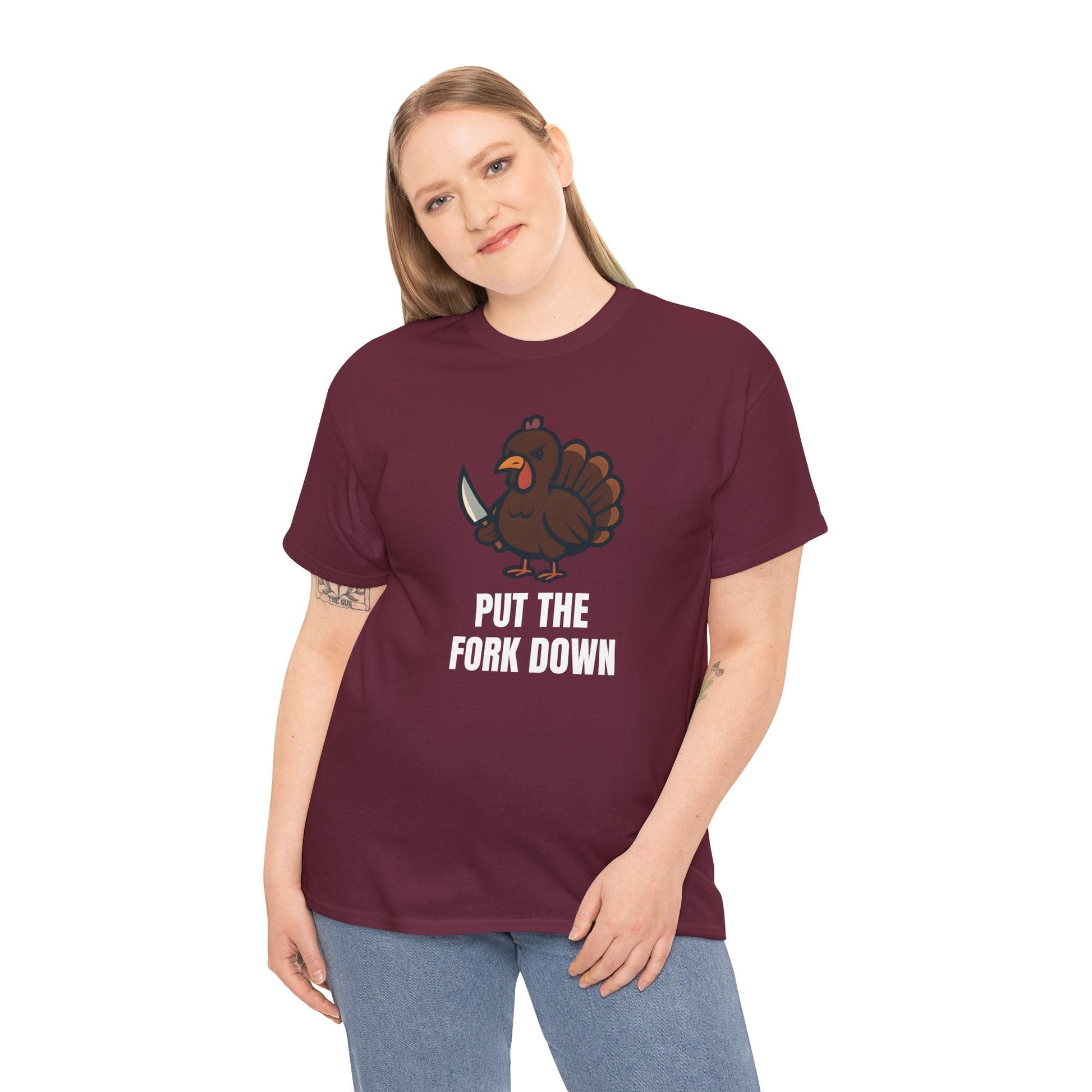 Funny Angry Turkey Shirt – “Put the Fork Down” Unisex Thanksgiving Graphic Tee, Friendsgiving Meme T-Shirt - Maroon