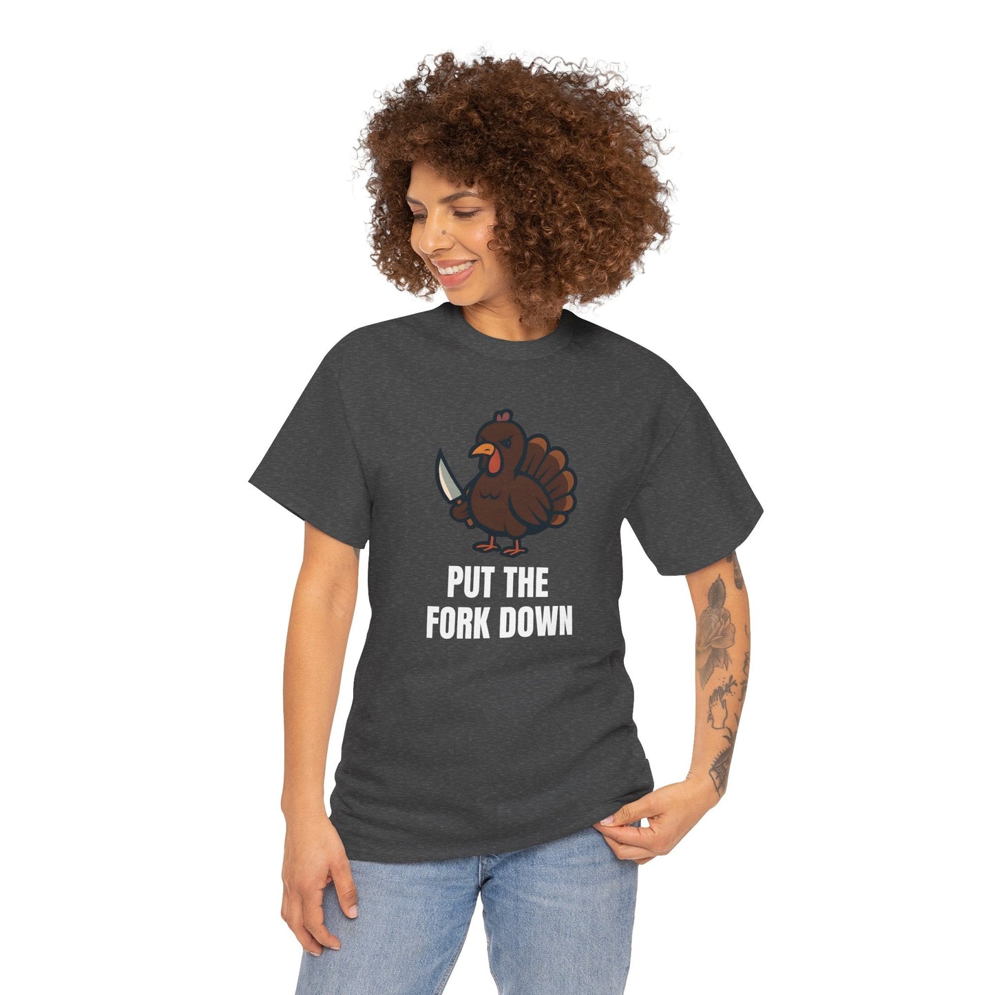 Funny Angry Turkey Shirt – “Put the Fork Down” Unisex Thanksgiving Graphic Tee, Friendsgiving Meme T-Shirt - Dark Heather