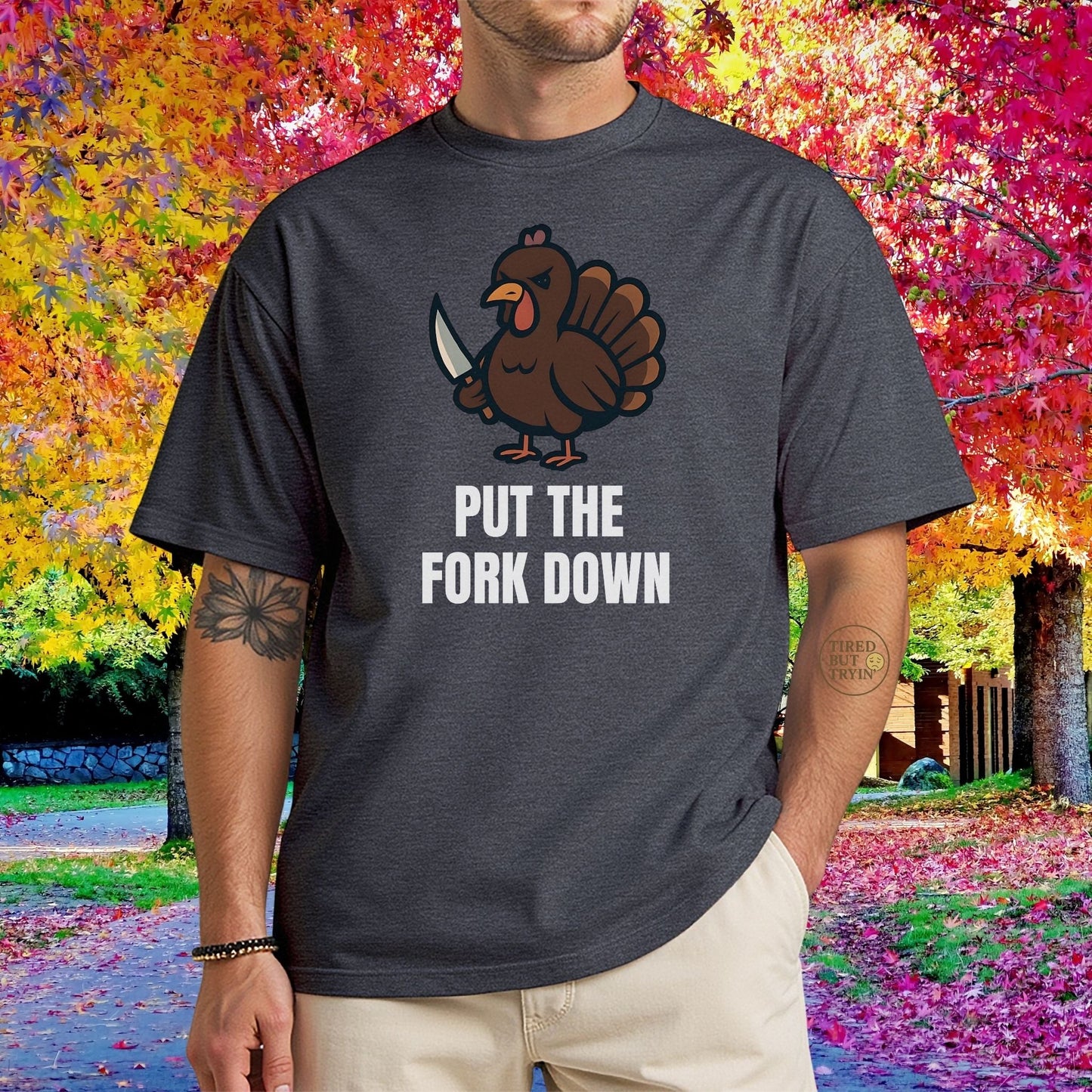 Funny Angry Turkey Shirt – “Put the Fork Down” Unisex Thanksgiving Graphic Tee, Friendsgiving Meme T-Shirt - Military Green