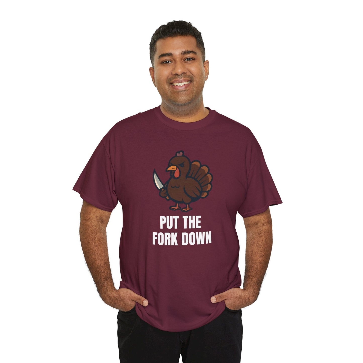 Funny Angry Turkey Shirt – “Put the Fork Down” Unisex Thanksgiving Graphic Tee, Friendsgiving Meme T-Shirt - Maroon