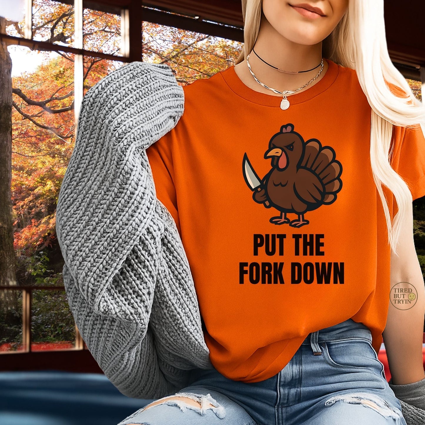 Funny Angry Turkey Shirt – “Put the Fork Down” Unisex Thanksgiving Graphic Tee, Friendsgiving Meme T-Shirt - Orange