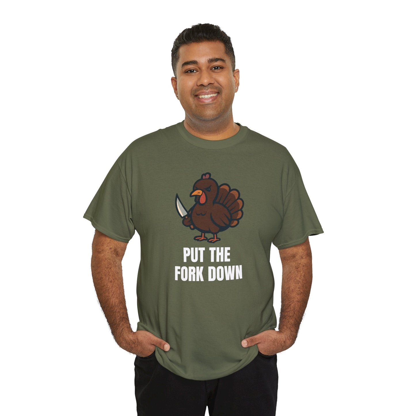 Funny Angry Turkey Shirt – “Put the Fork Down” Unisex Thanksgiving Graphic Tee, Friendsgiving Meme T-Shirt - Military Green