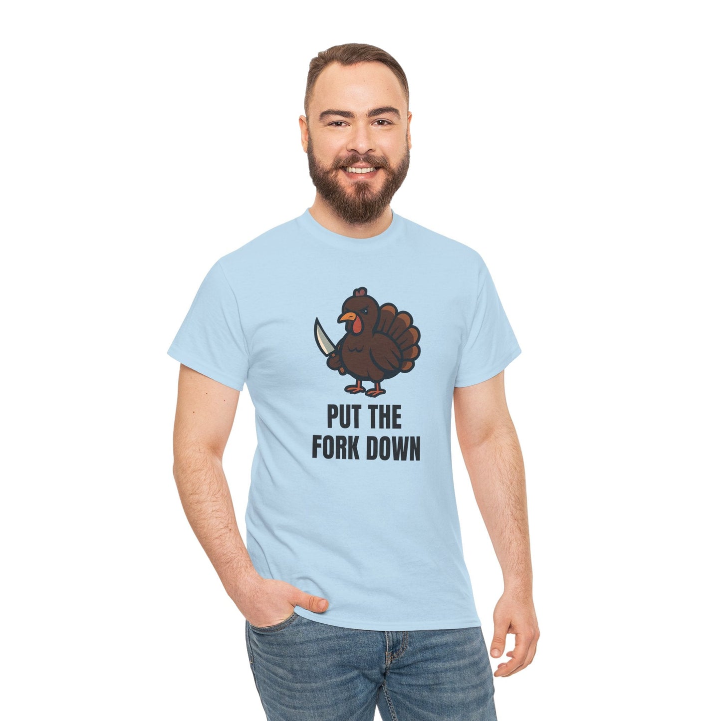 Funny Angry Turkey Shirt – “Put the Fork Down” Unisex Thanksgiving Graphic Tee, Friendsgiving Meme T-Shirt - Light Blue