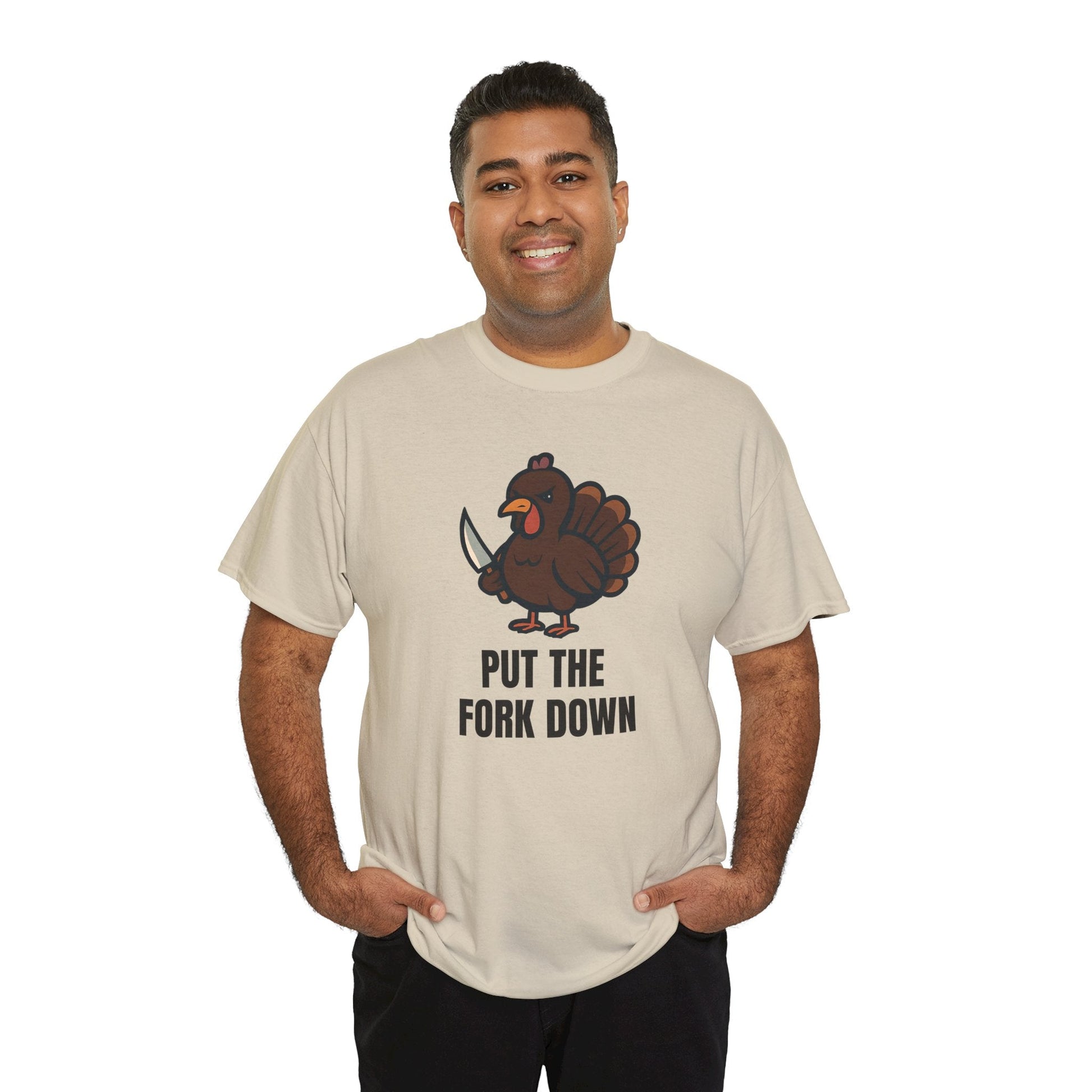 Funny Angry Turkey Shirt – “Put the Fork Down” Unisex Thanksgiving Graphic Tee, Friendsgiving Meme T-Shirt - Sand