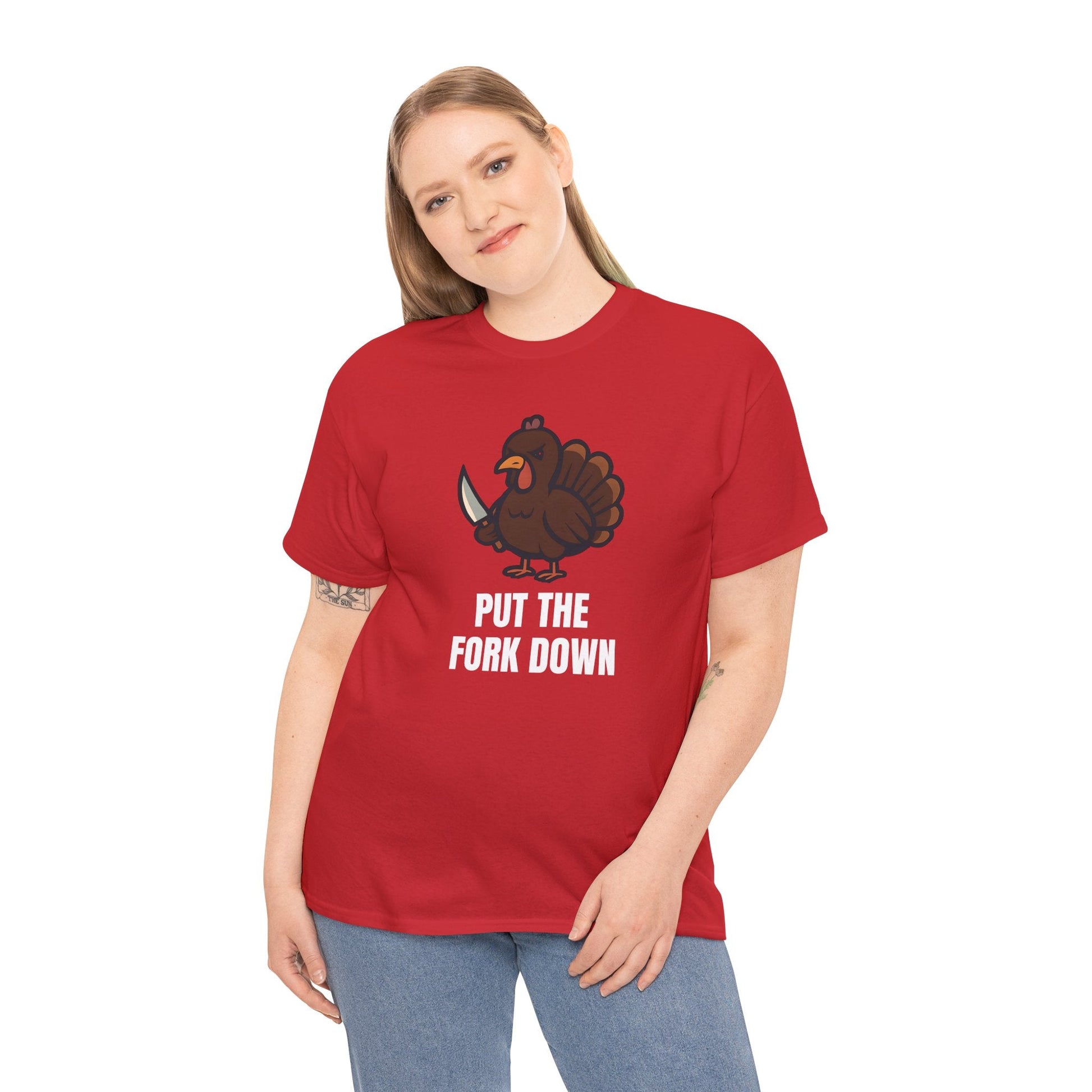 Funny Angry Turkey Shirt – “Put the Fork Down” Unisex Thanksgiving Graphic Tee, Friendsgiving Meme T-Shirt - Red