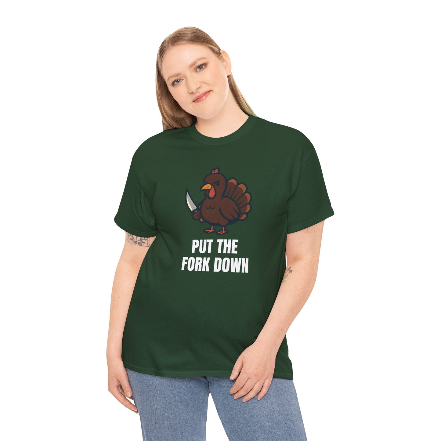 Funny Angry Turkey Shirt – “Put the Fork Down” Unisex Thanksgiving Graphic Tee, Friendsgiving Meme T-Shirt - Forest Green