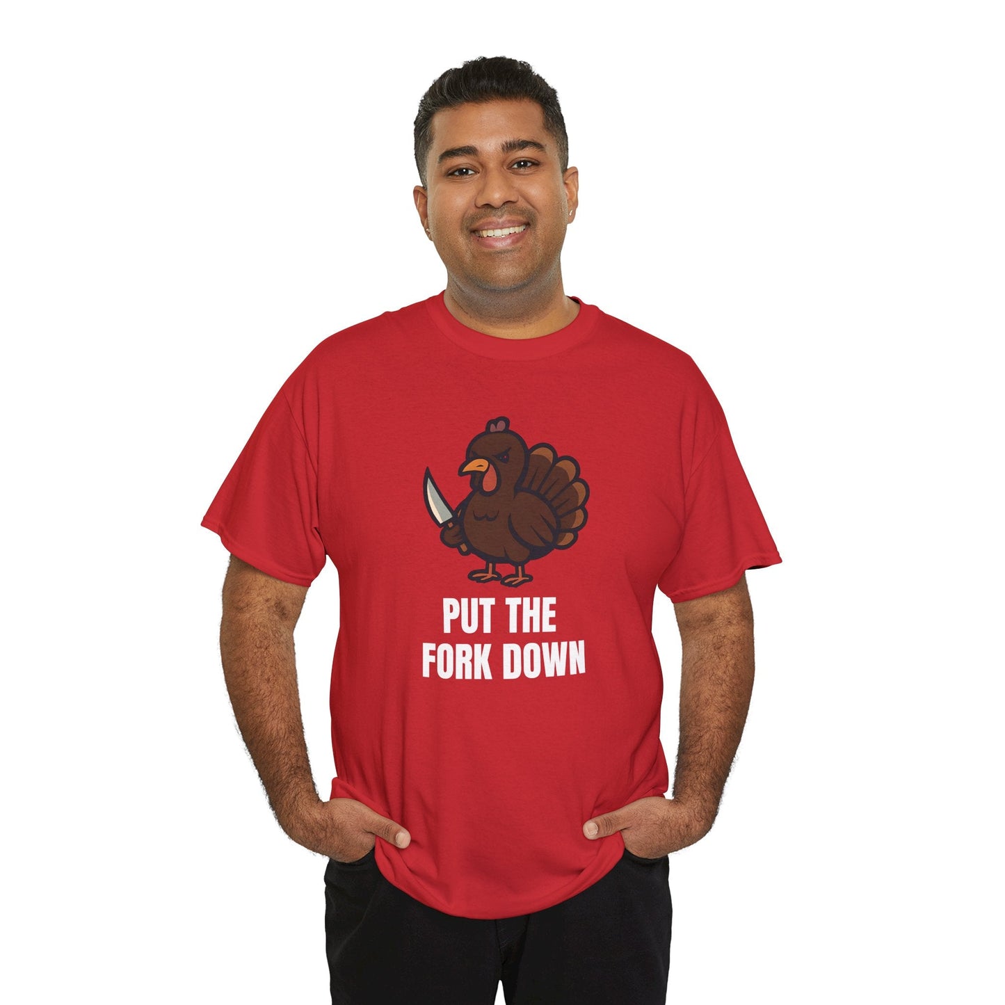 Funny Angry Turkey Shirt – “Put the Fork Down” Unisex Thanksgiving Graphic Tee, Friendsgiving Meme T-Shirt - Red