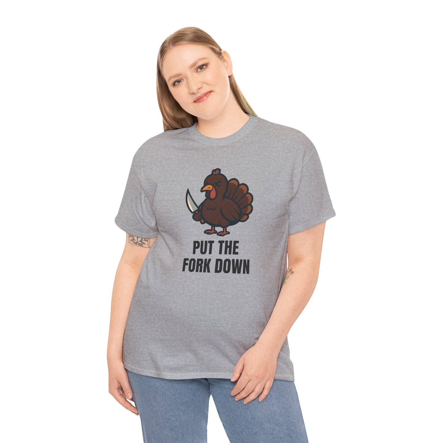 Funny Angry Turkey Shirt – “Put the Fork Down” Unisex Thanksgiving Graphic Tee, Friendsgiving Meme T-Shirt - Sport Grey