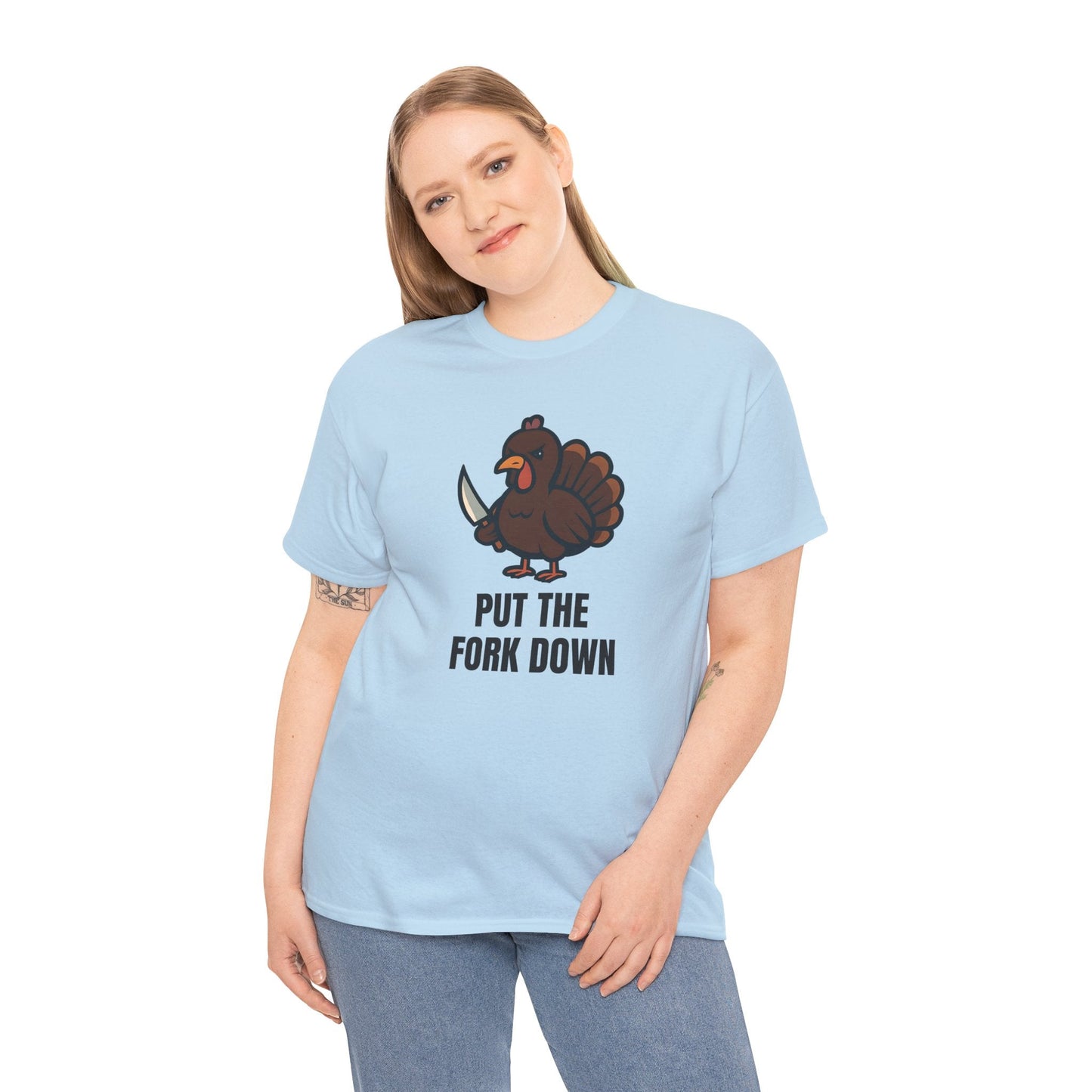 Funny Angry Turkey Shirt – “Put the Fork Down” Unisex Thanksgiving Graphic Tee, Friendsgiving Meme T-Shirt - Light Blue